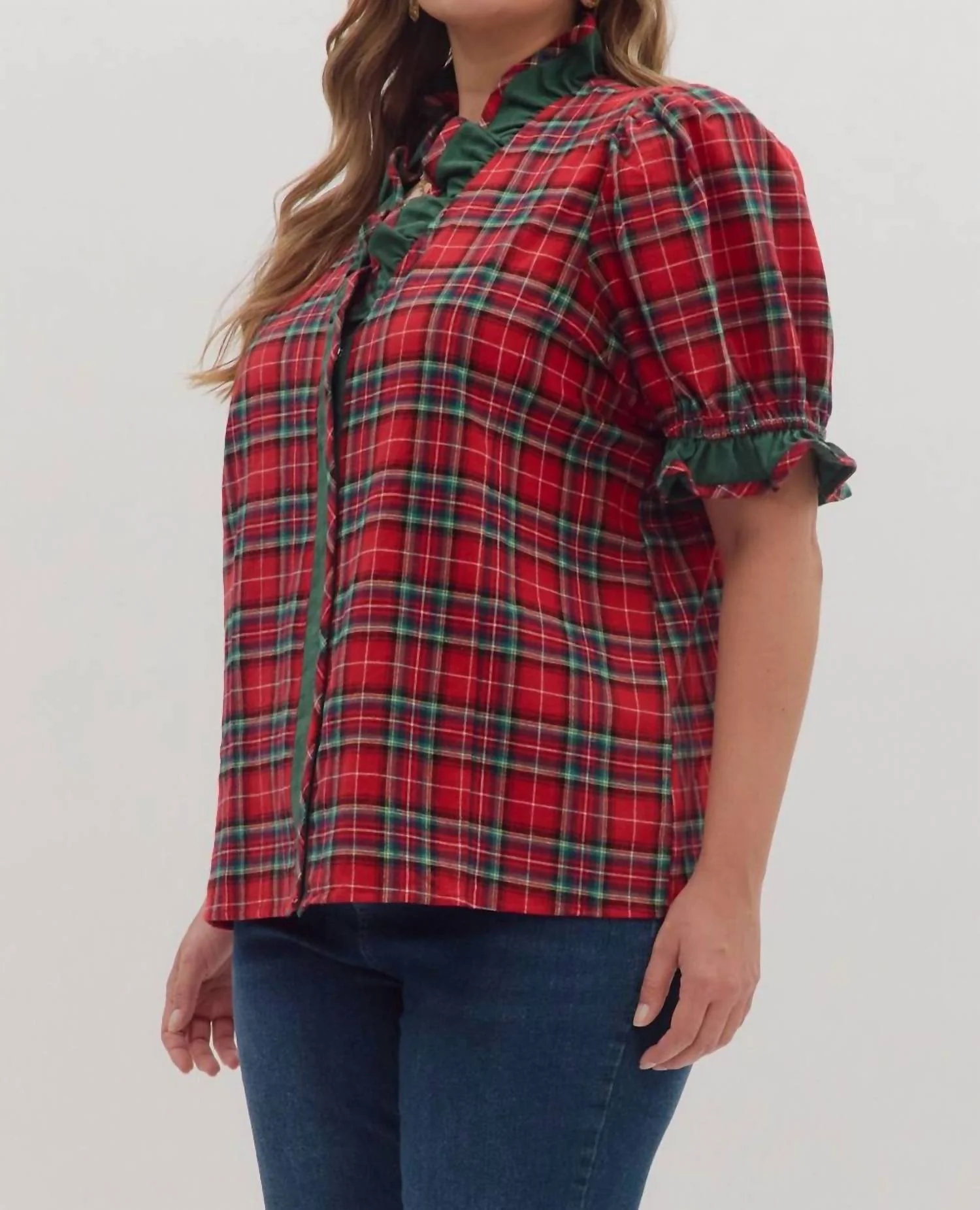 Plaid Puff Sleeve Top - Plus In Red - Image 2