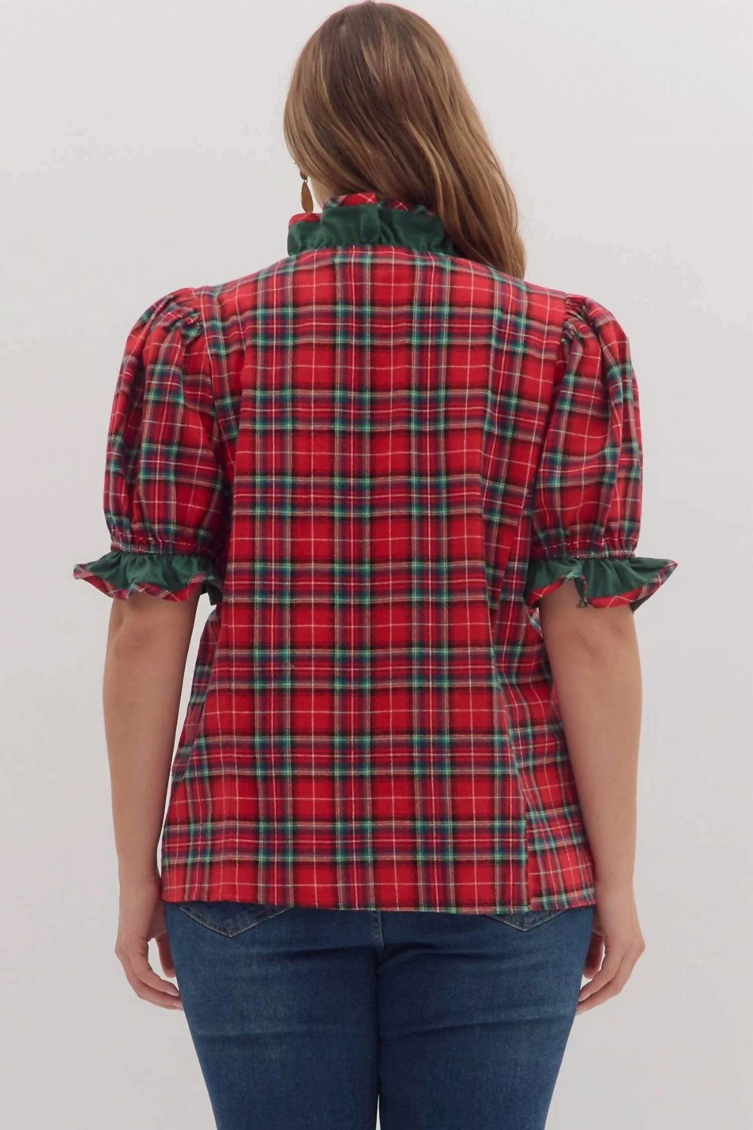 Plaid Puff Sleeve Top - Plus In Red - Image 4