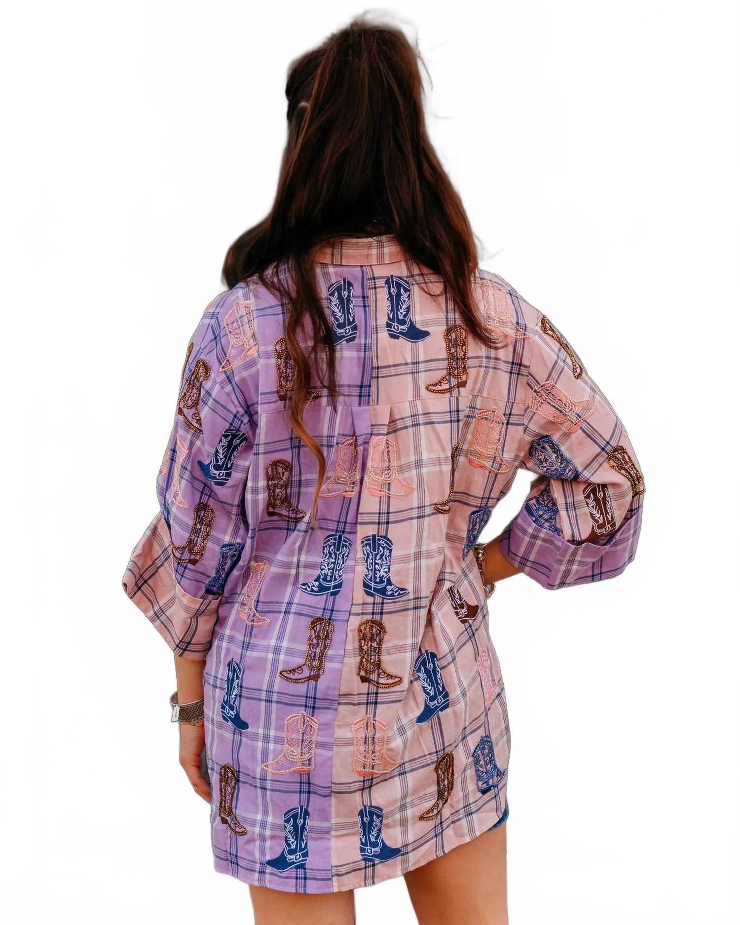 Plaid Scattered Cowboy Boot Button Up Tunic In Pink Purple - Image 3