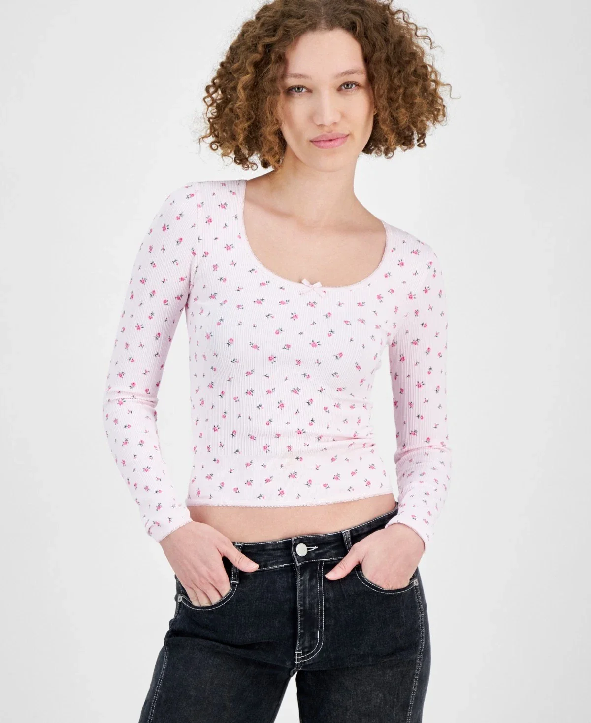 Planet Heart Crop Top Women Pink Ditsy Floral Long Sleeve Scoop Neck PAL36