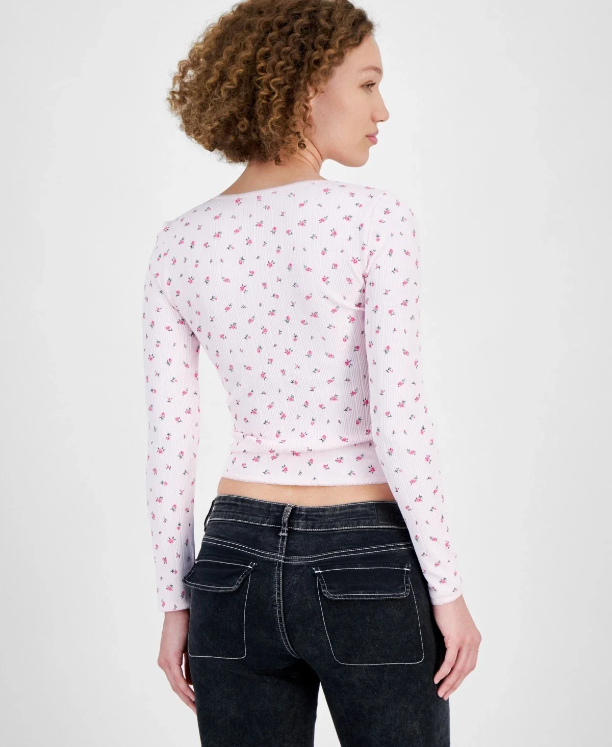 Planet Heart Crop Top Women Pink Ditsy Floral Long Sleeve Scoop Neck PAL36 - Image 2