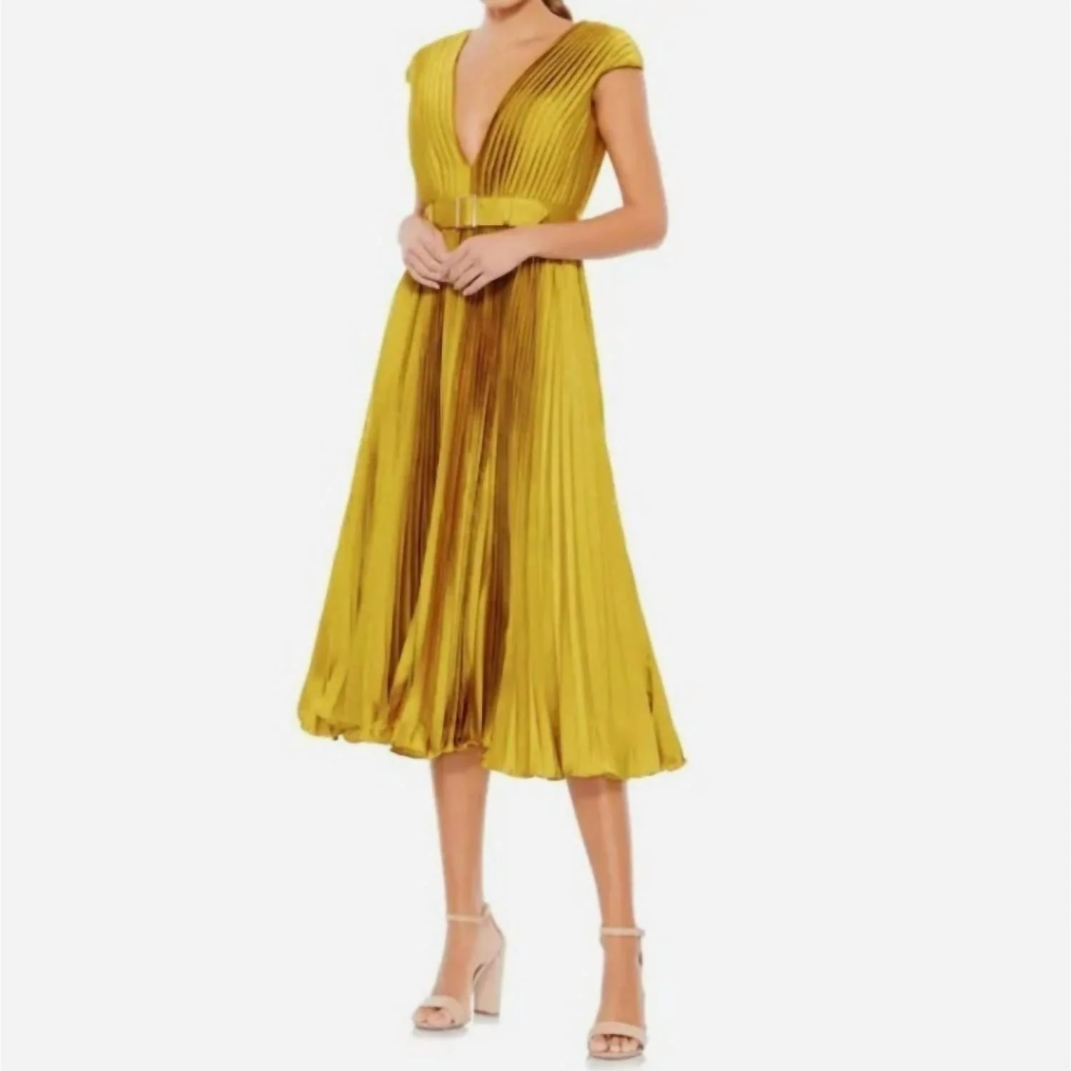 Pleated Cap Sleeve Satin Midi Dress In Gold