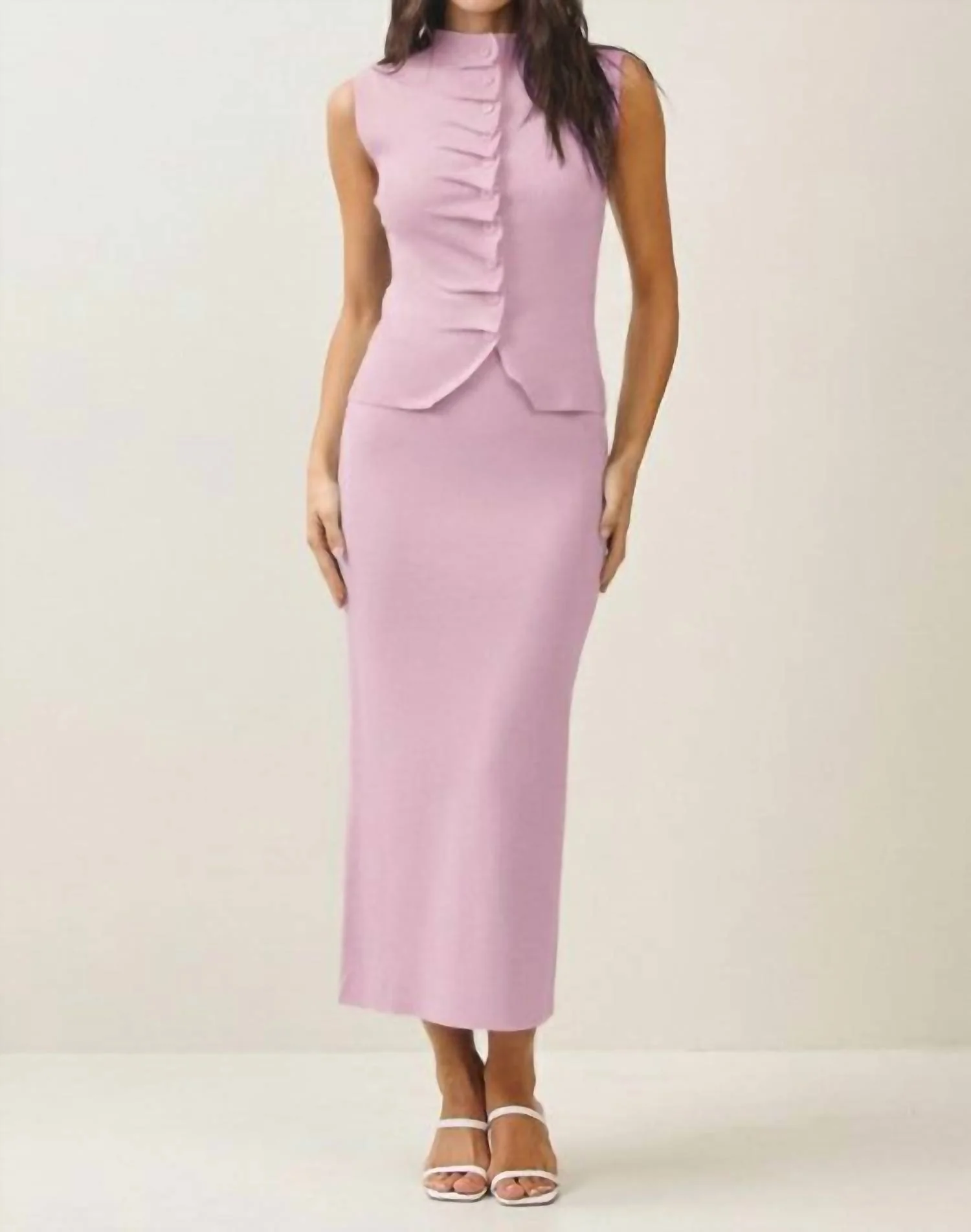Pleated Front Top & Skirt Set In Pink