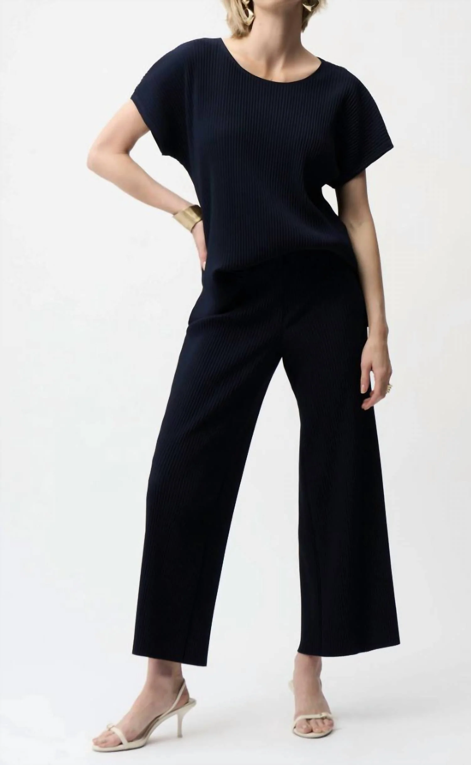Pleated Scuba Crepe Wide Leg Pant In Midnight Blue