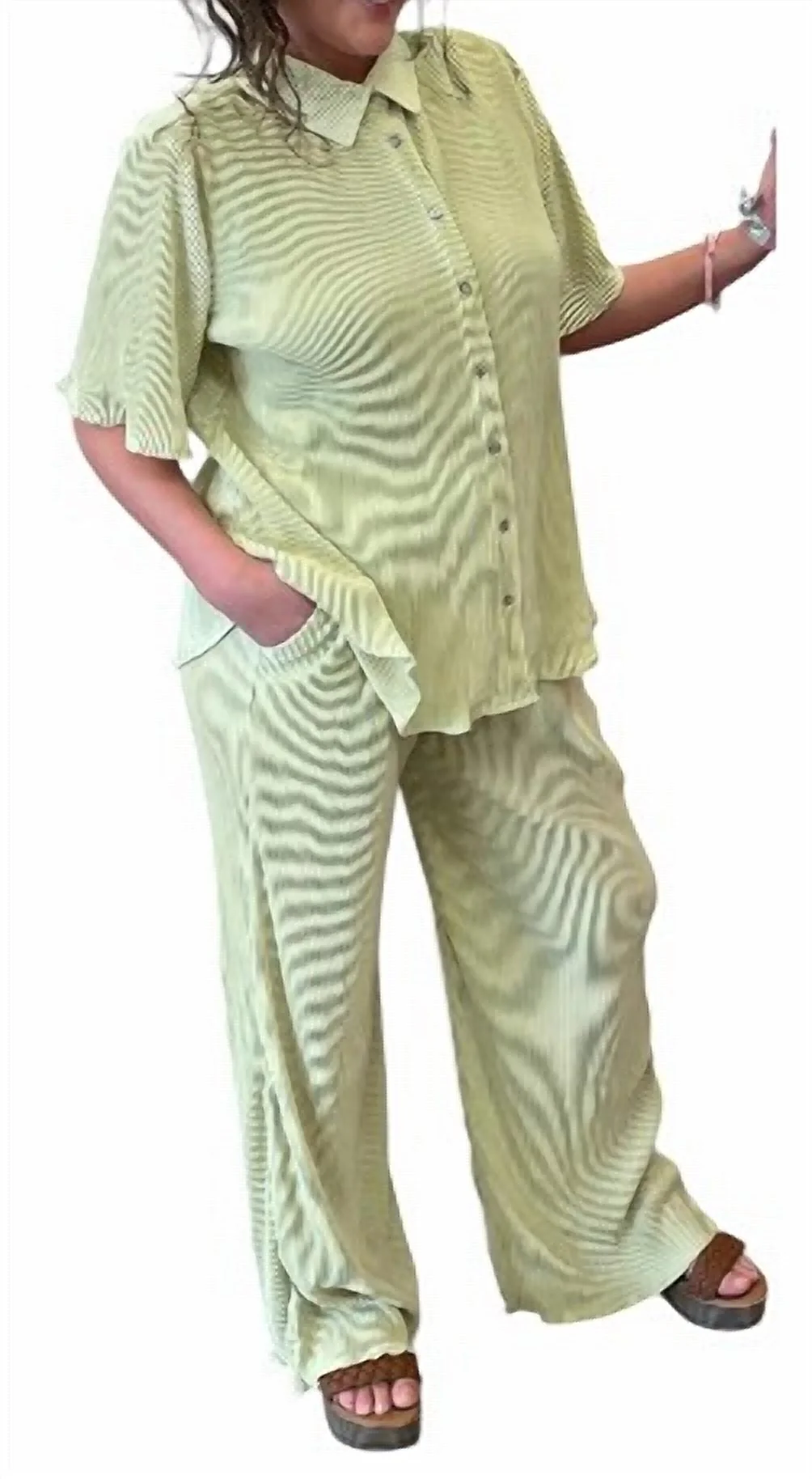 Plisse Button Down Top With Pants In Lime - Image 2