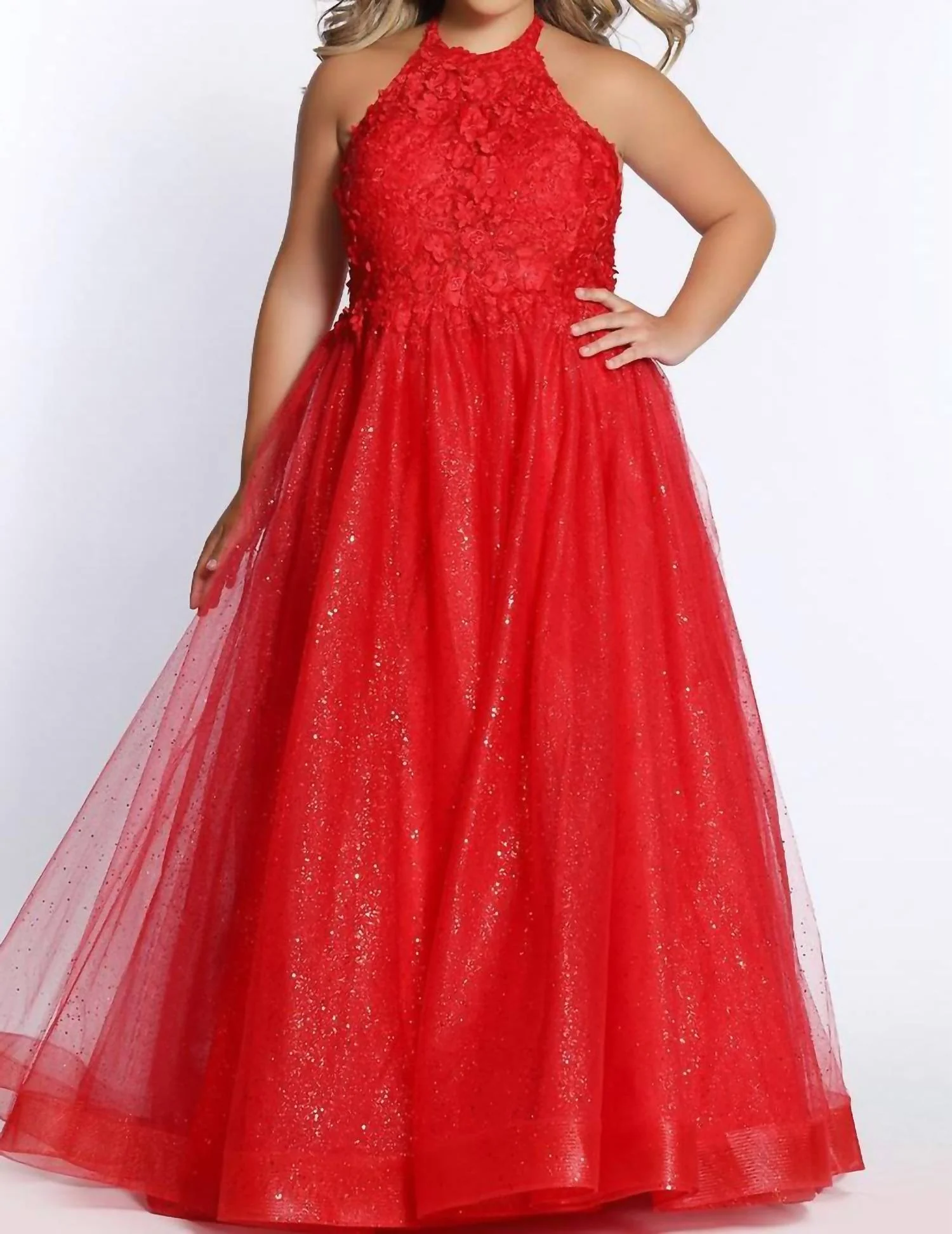 Plus Halter A Line Gown In Ruby