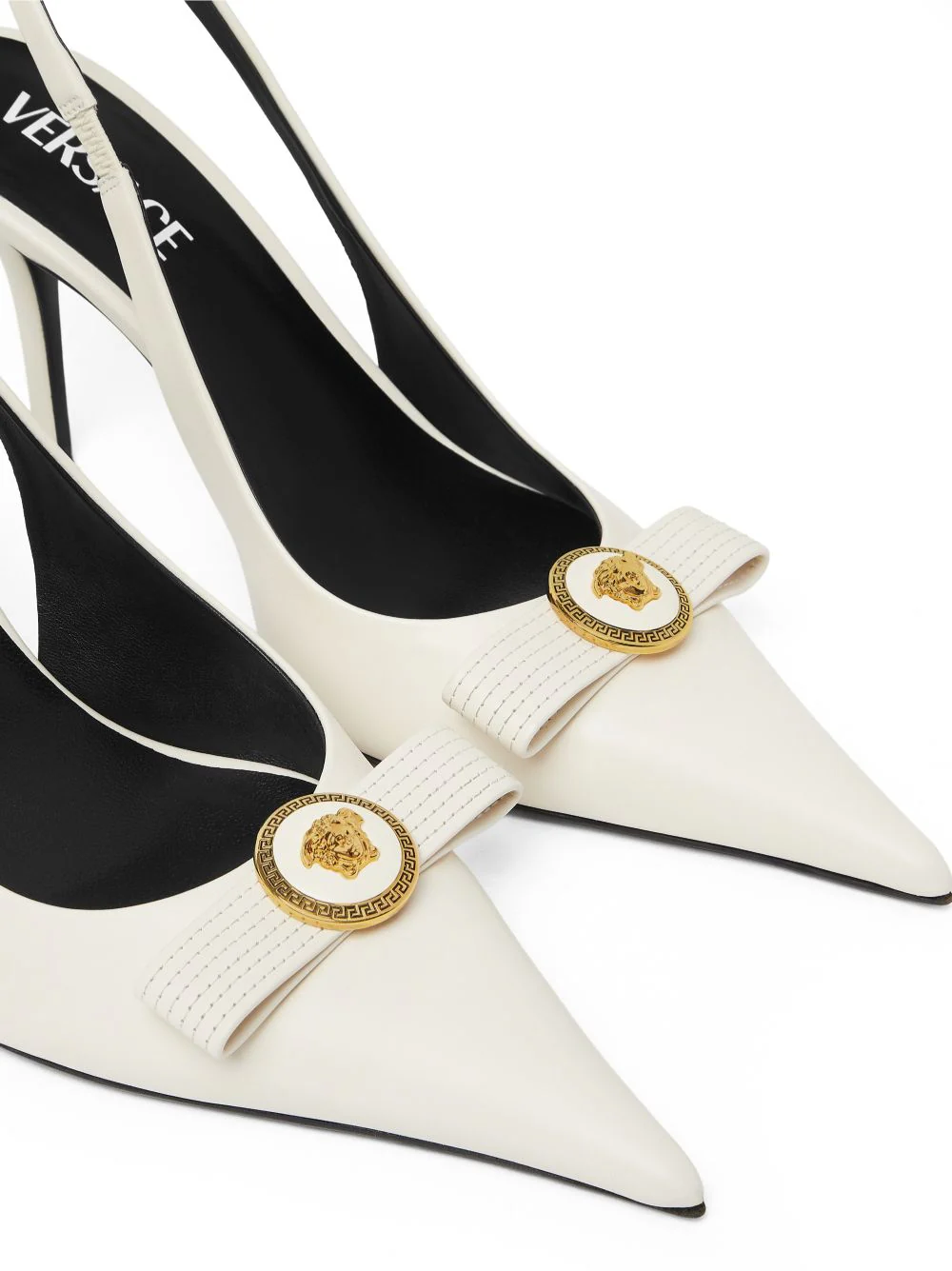 Pointed Toe Slingback Heels with Textured Bow and Gold Medallion - Image 4