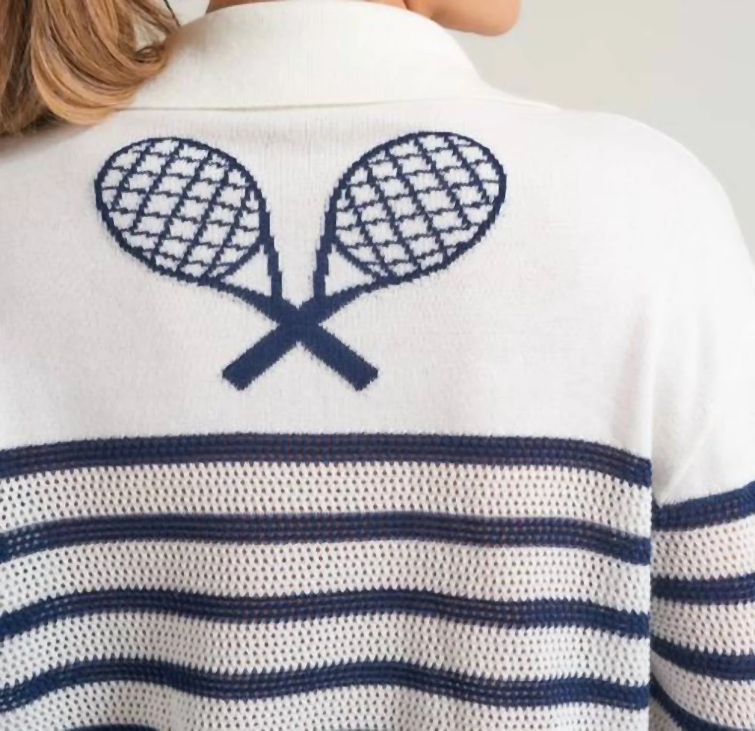 Pointelle Racquests Sweater In Off White/navy Stripes - Image 4