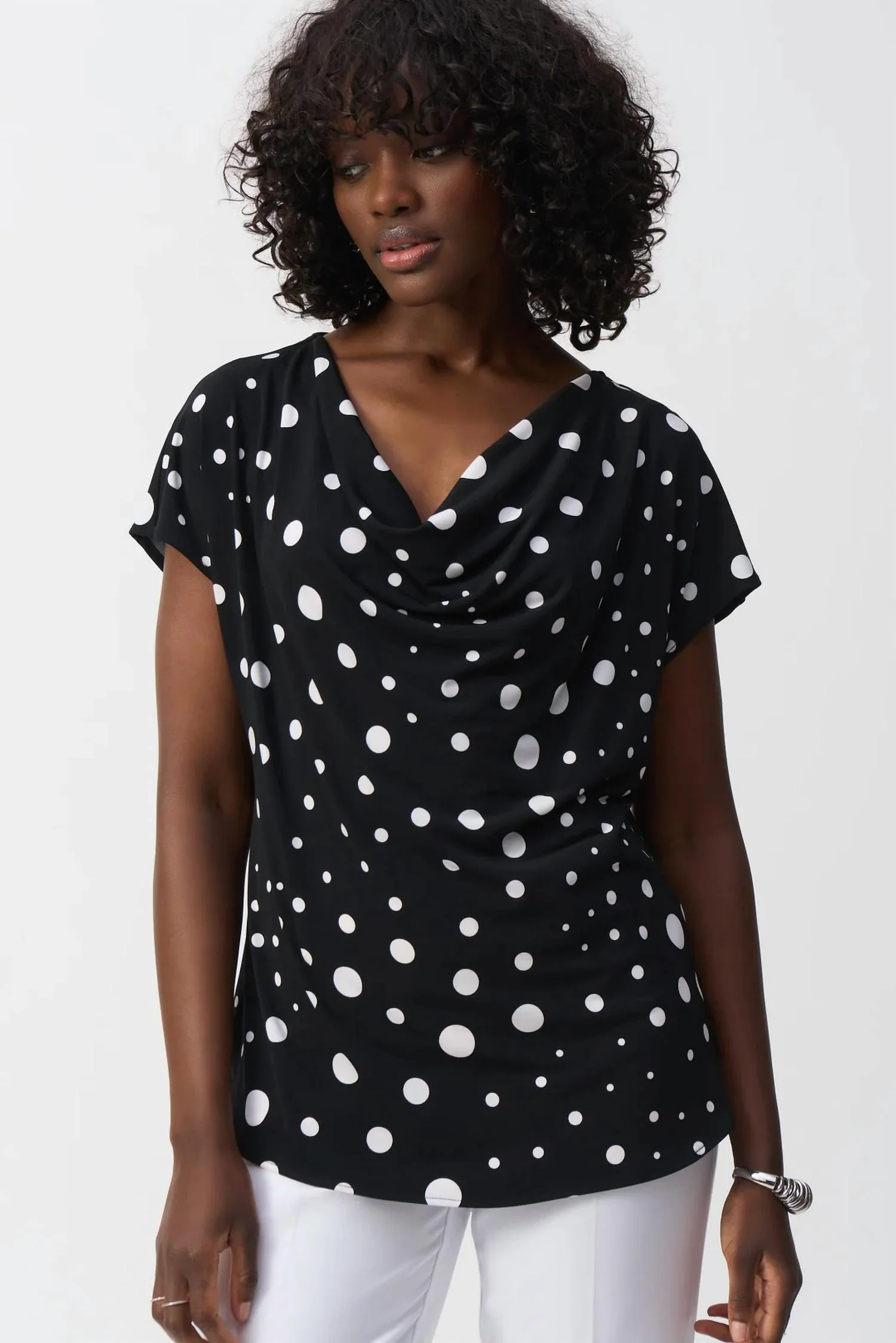 Polka Dot Print Cowl Neck Top In Black/vanilla
