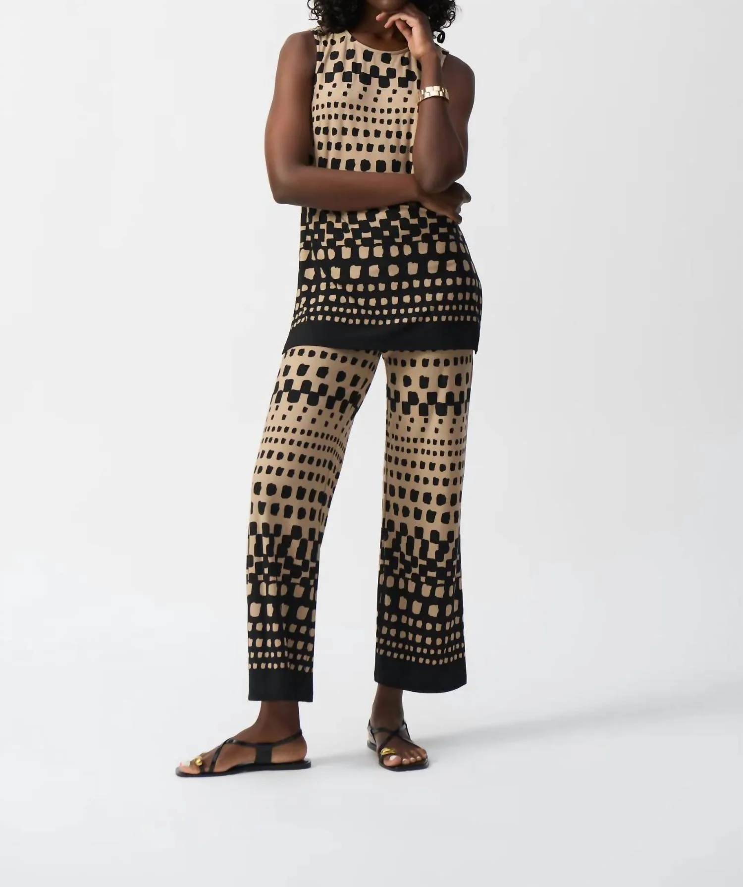 Polka Dot Print Crew Neck Sleeveless Tunic Top In Black/dune