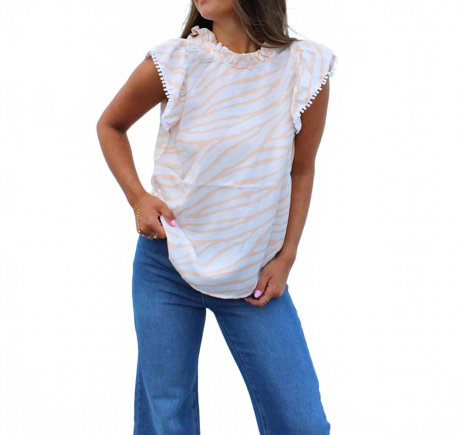 Poly Ruffle Sleeve Blouse In White/orange