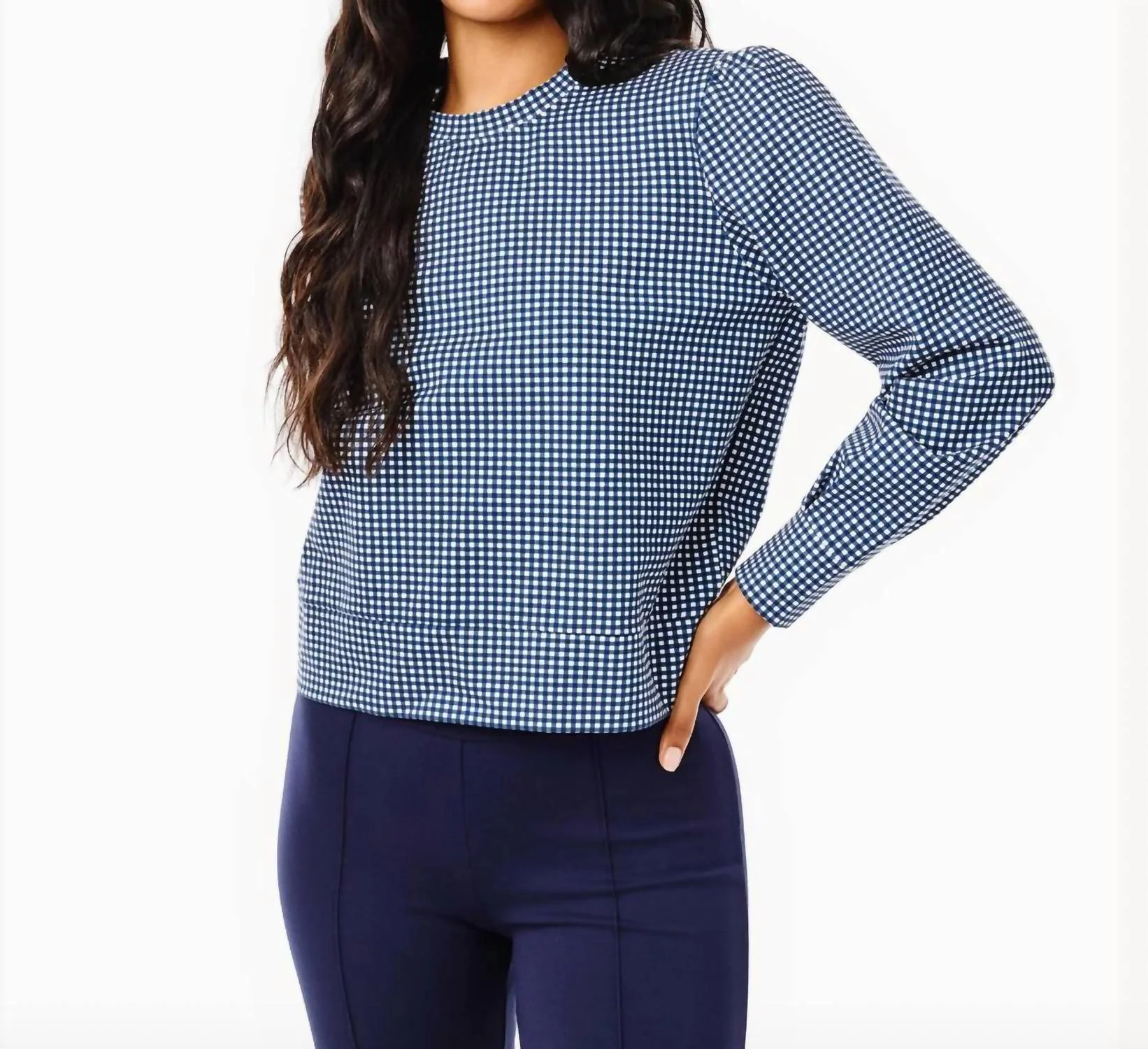Ponte Beta Bow Pullover Sweatshirt In Navy Gingham