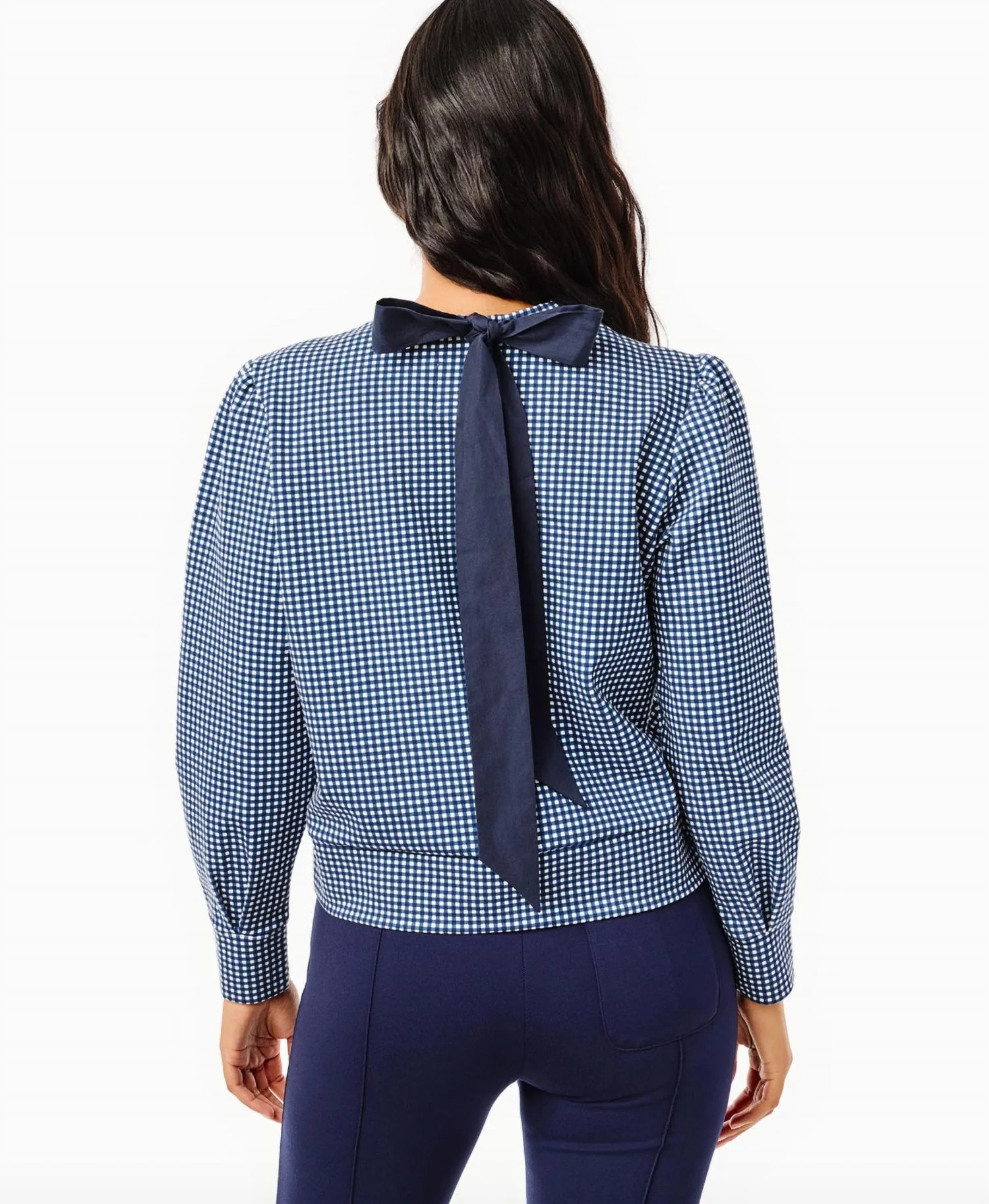 Ponte Beta Bow Pullover Sweatshirt In Navy Gingham - Image 2