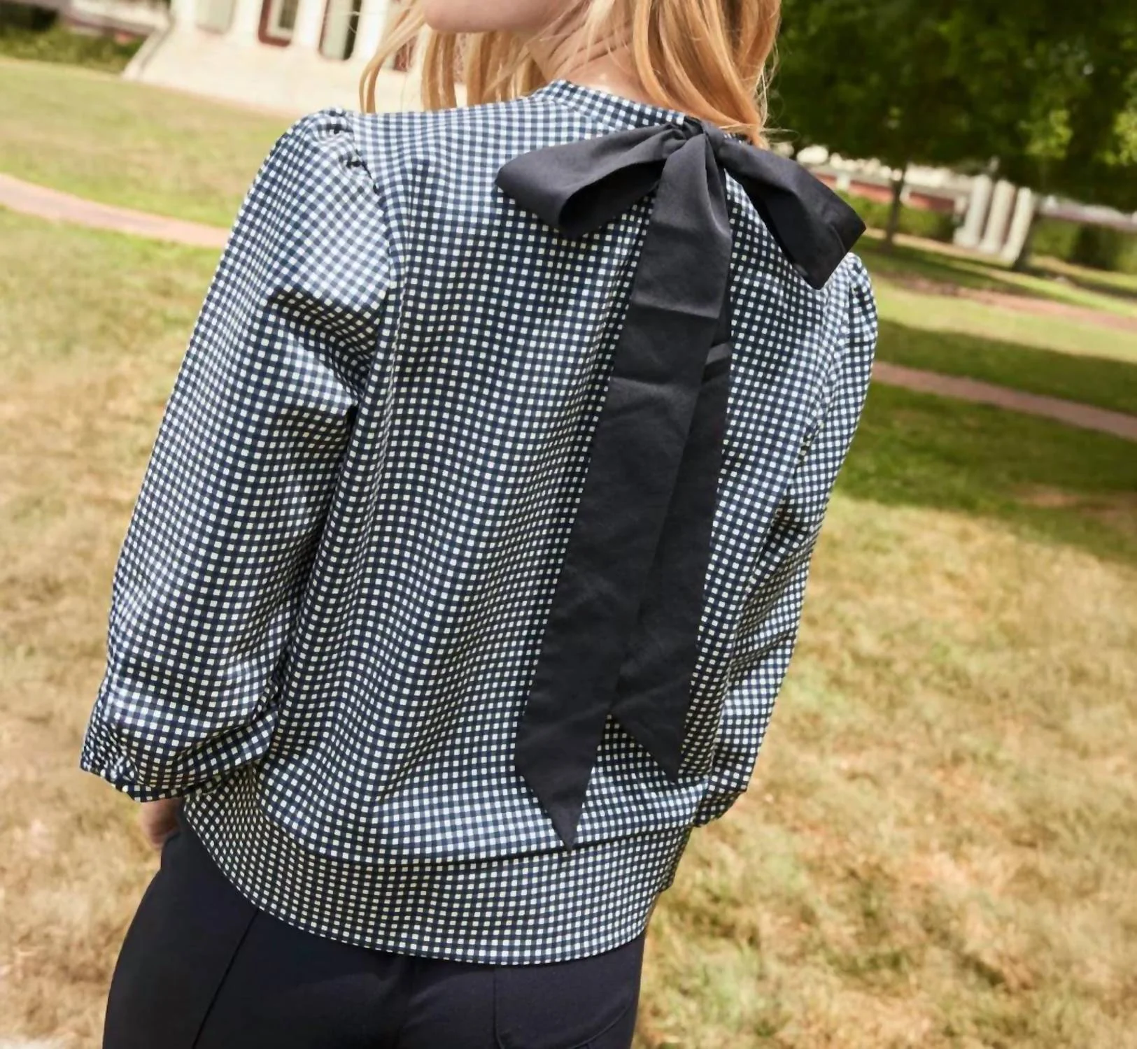 Ponte Beta Bow Pullover Sweatshirt In Navy Gingham - Image 3
