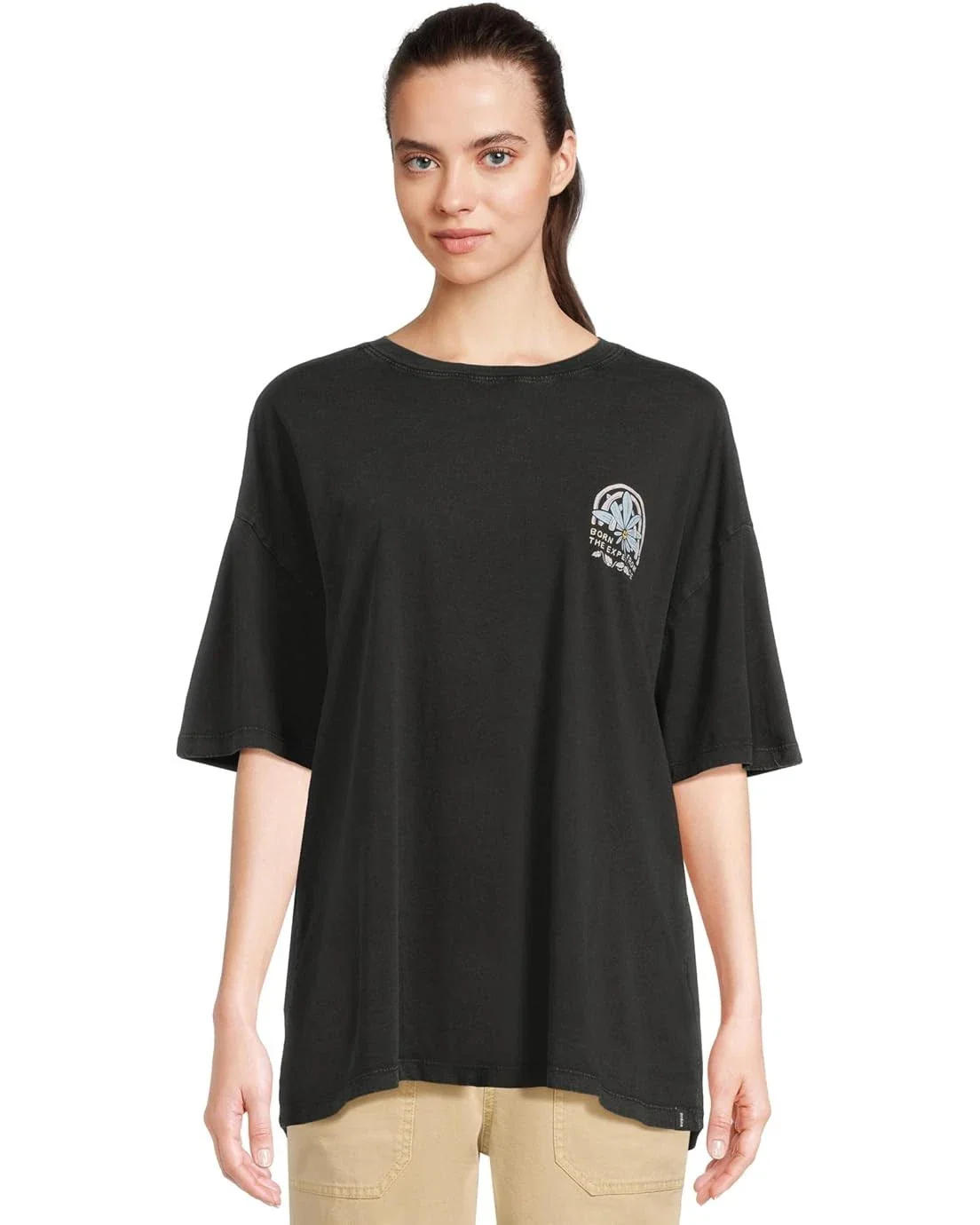 prAna Everyday T-Shirt Women Black Graphic 100% Organic Cotton Oversized GBO2368
