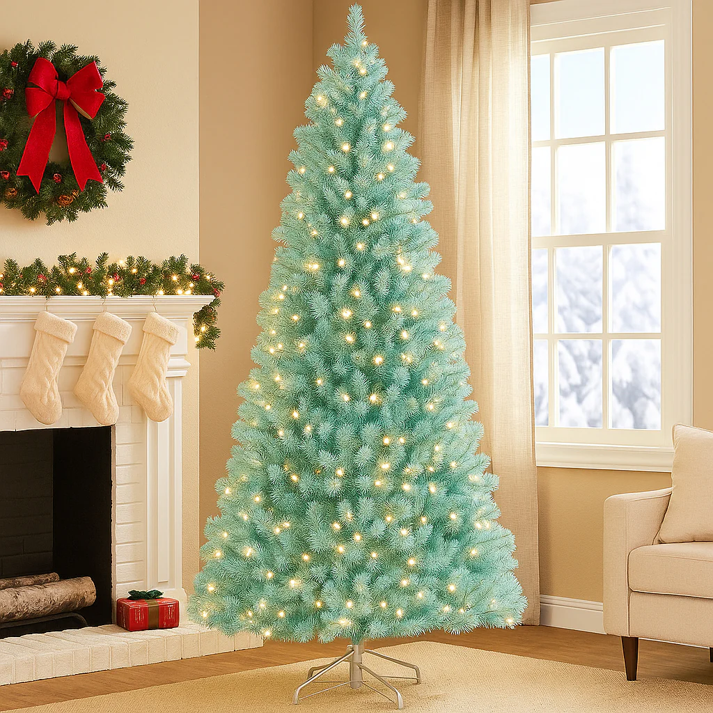 Pre-Lit Blue Christmas Tree with Foldable Metal Stand - Image 2