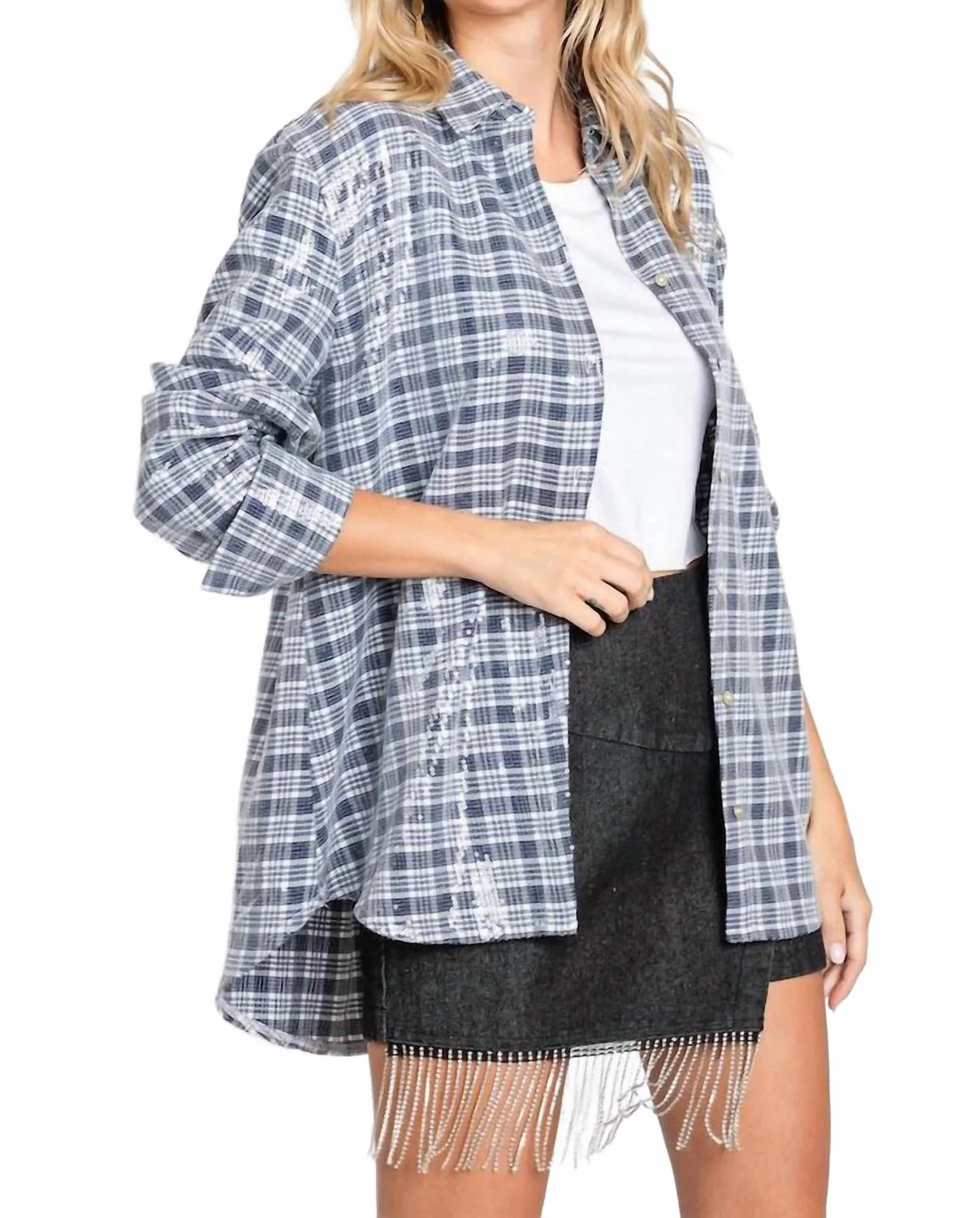 Pretty In Plaid Sequin Button Down In Navy - Image 2