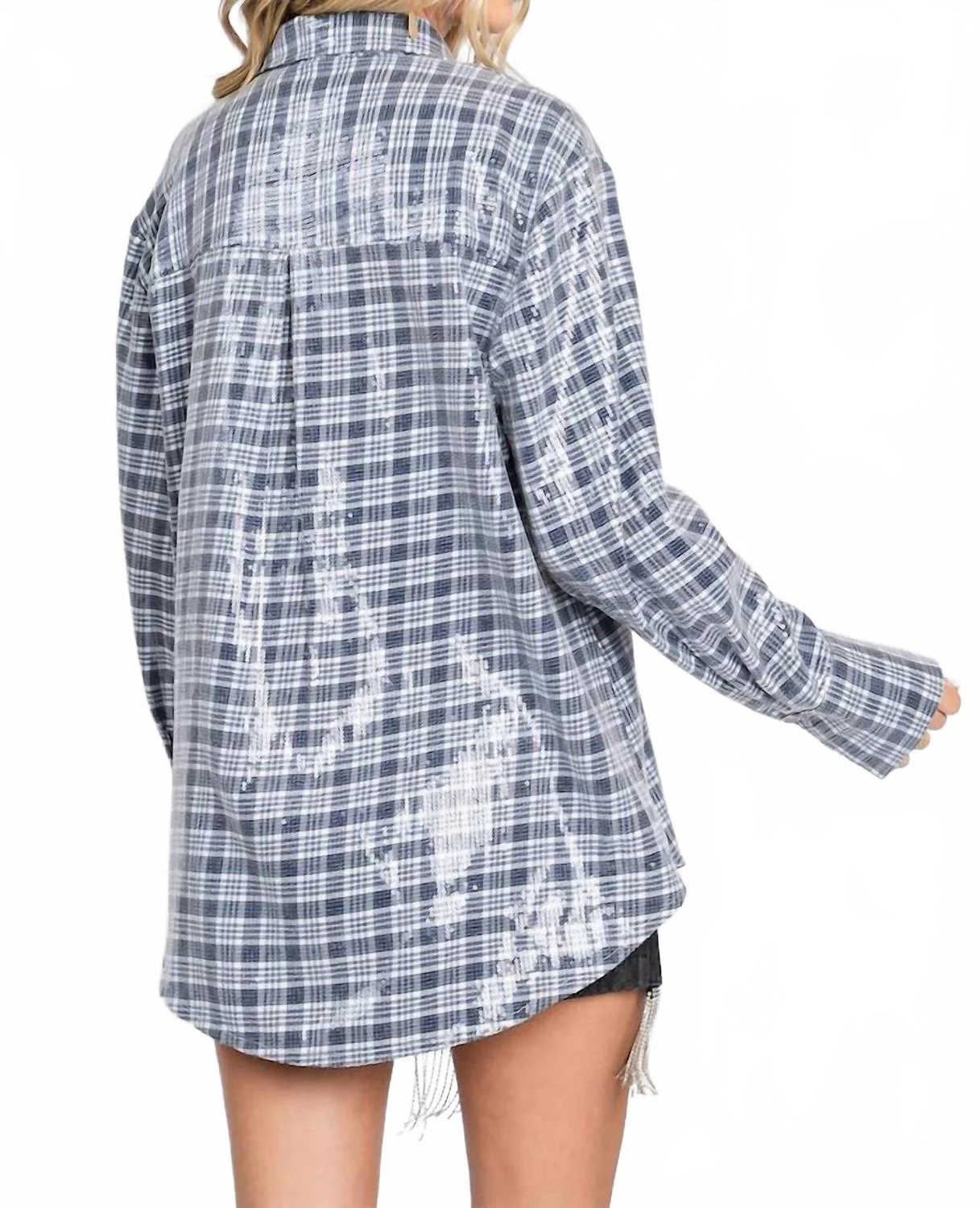 Pretty In Plaid Sequin Button Down In Navy - Image 3
