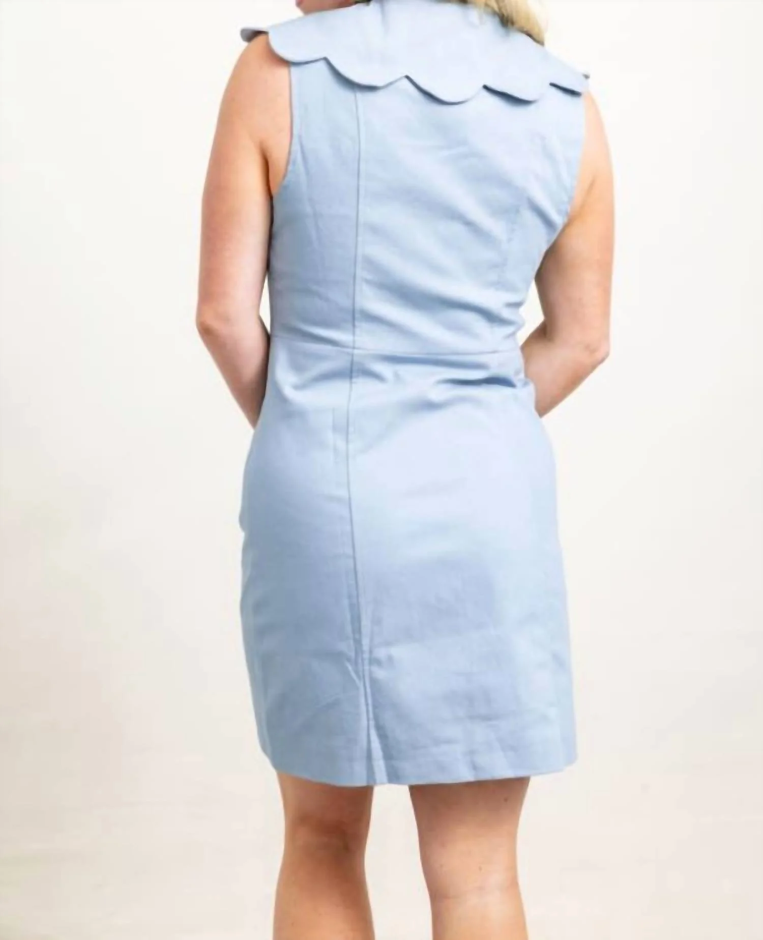 Pretty Simple Scallop V-Neck Button Dress In Denim - Image 3