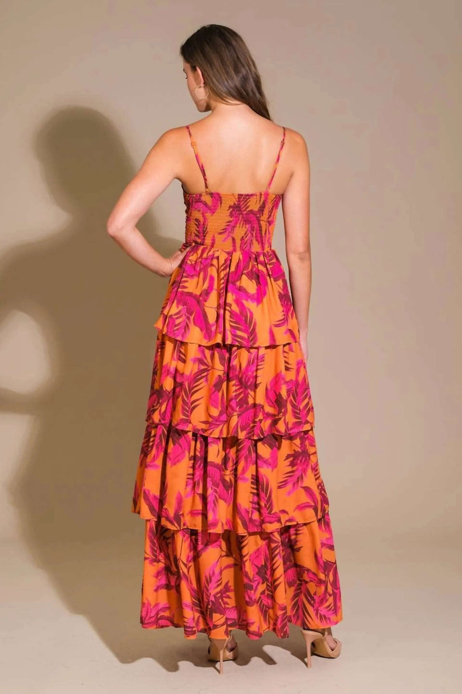 Printed Maxi Dress In Fucsia & Orange - Image 4