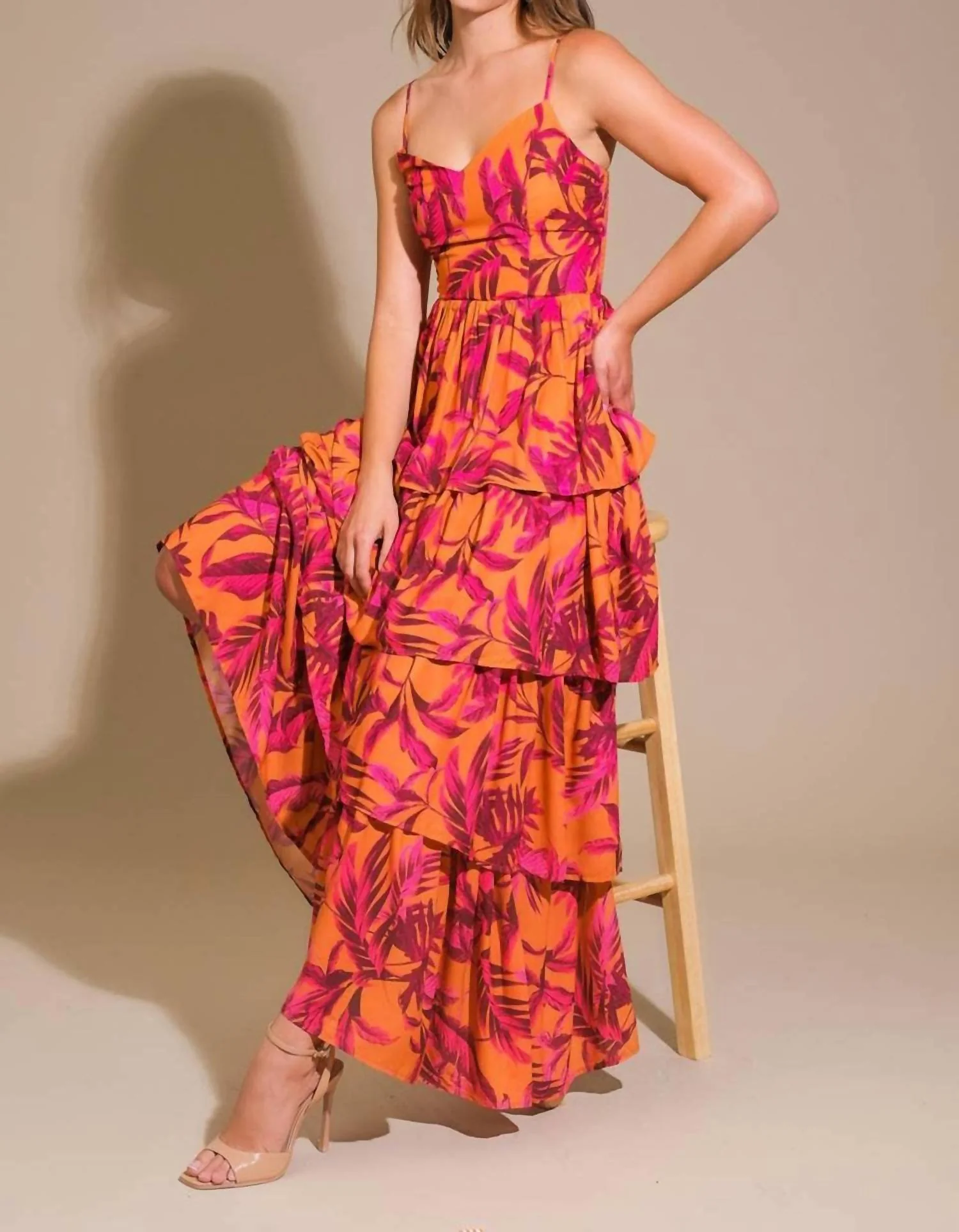 Printed Maxi Dress In Fucsia & Orange - Image 5
