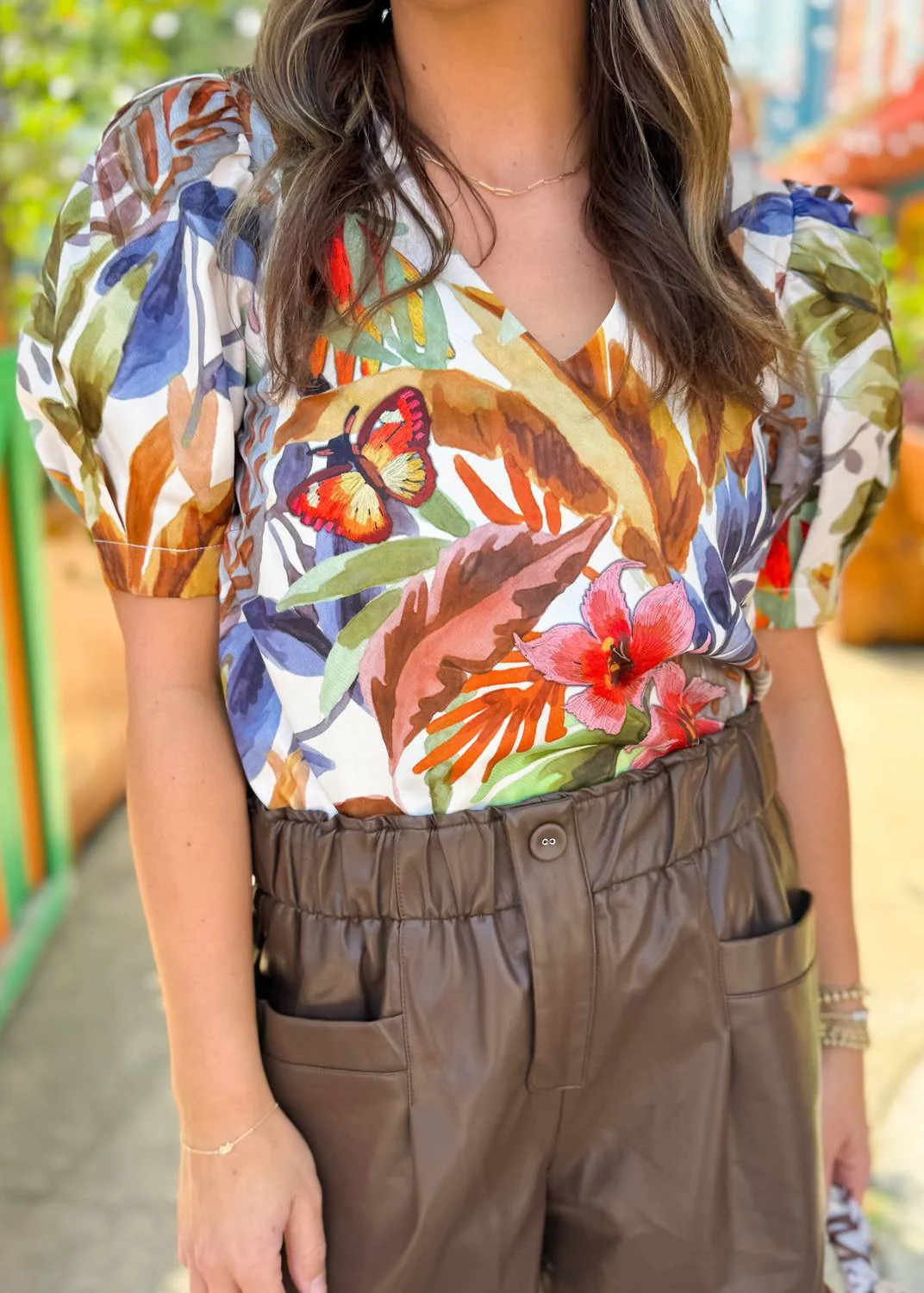 Puff Short Sleeve Leaf Mosaic Top In Multi - Image 2
