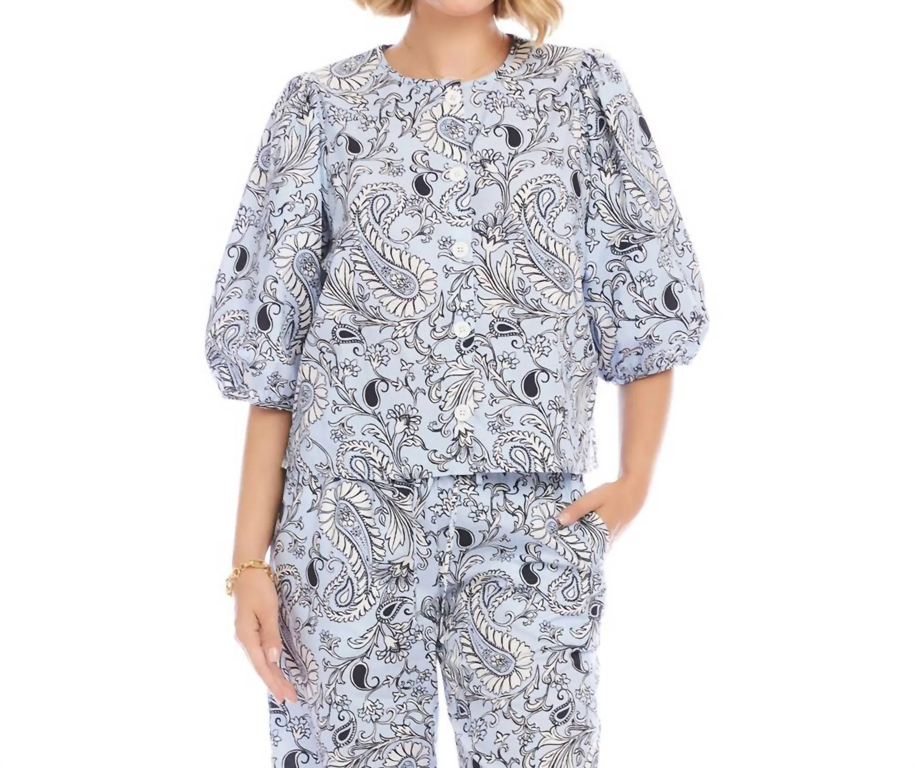 Puff Sleeve Button Front Top In Paisley