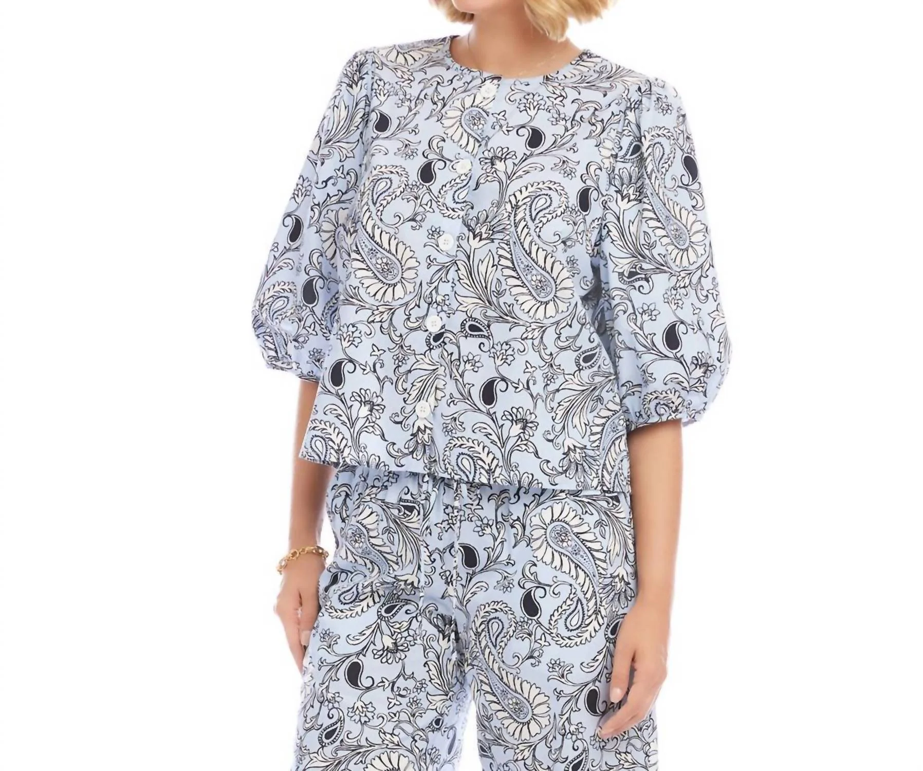 Puff Sleeve Button Front Top In Paisley - Image 2