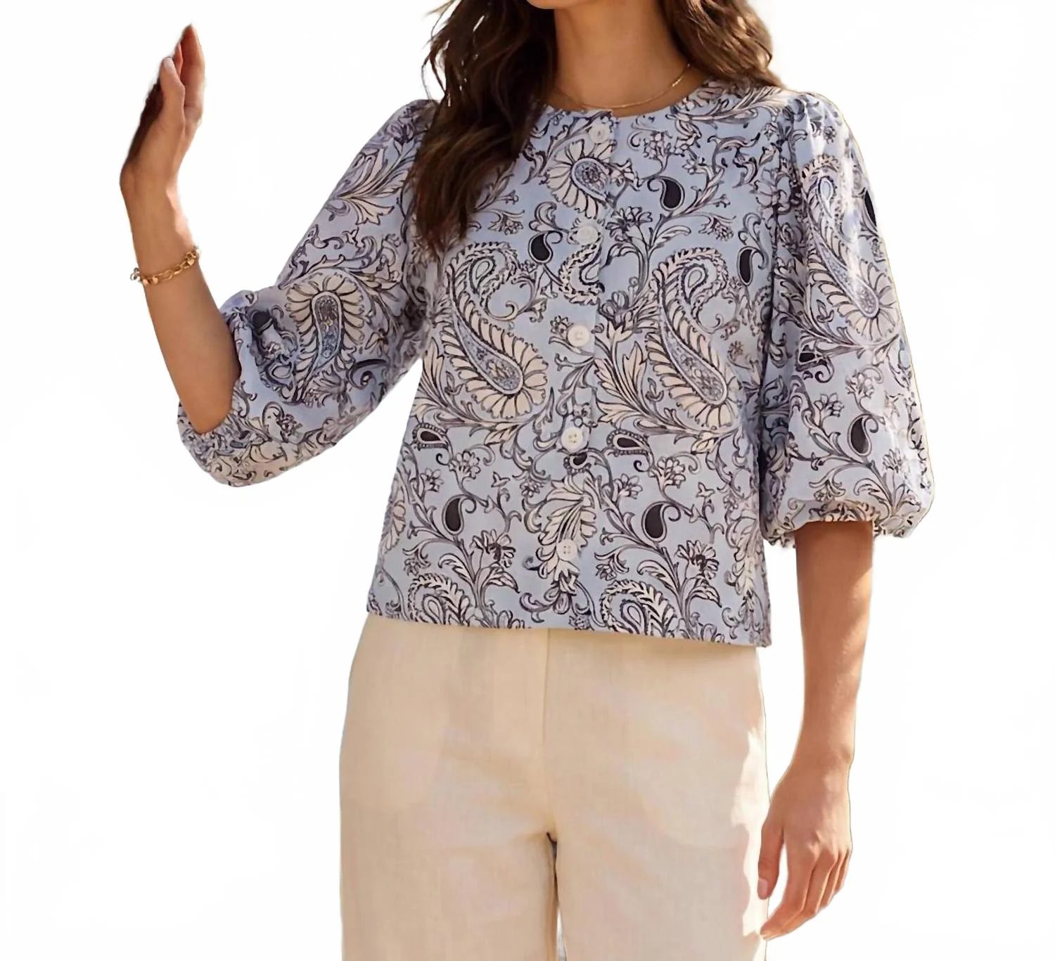 Puff Sleeve Button Front Top In Paisley - Image 4