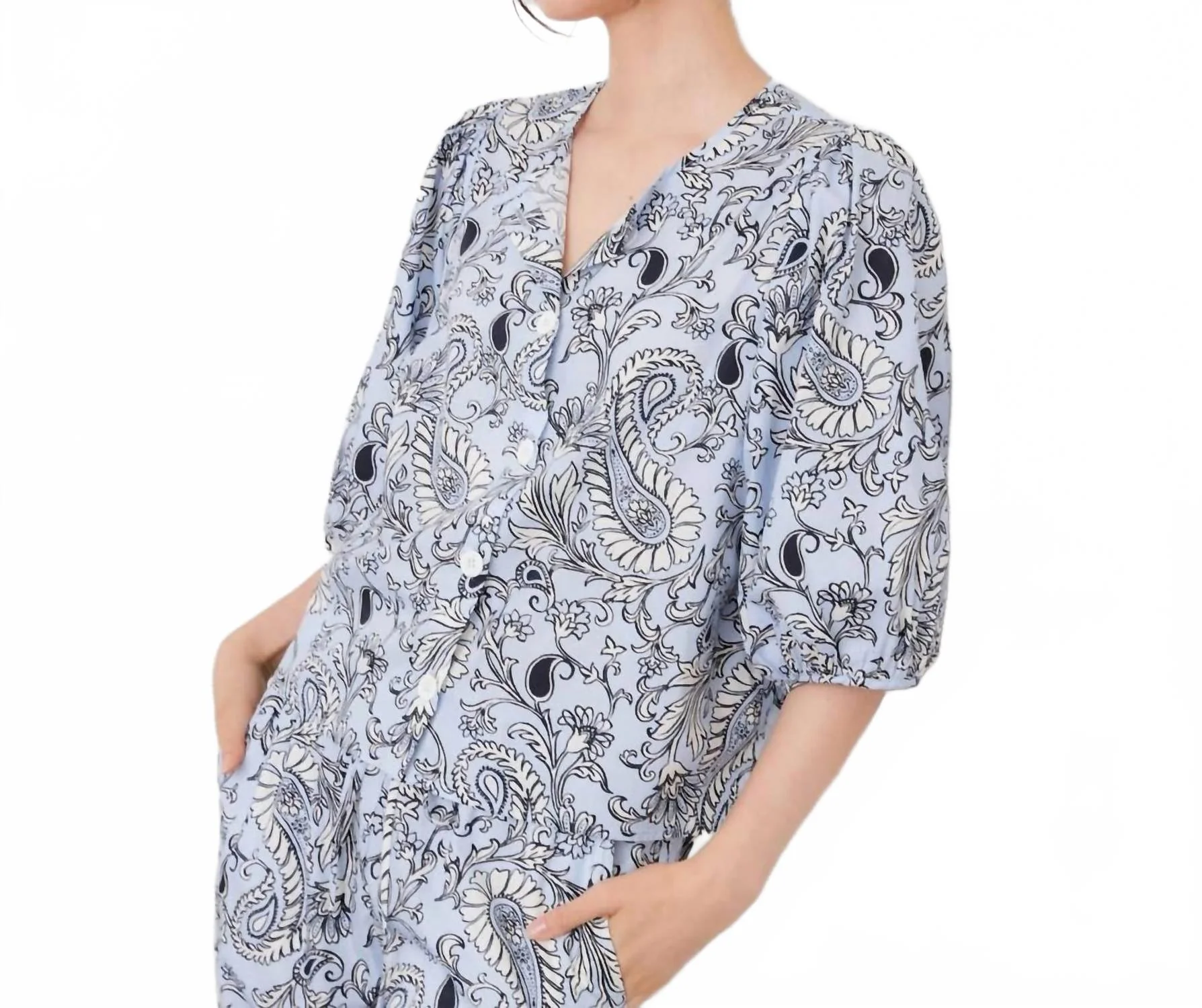 Puff Sleeve Button Front Top In Paisley - Image 5
