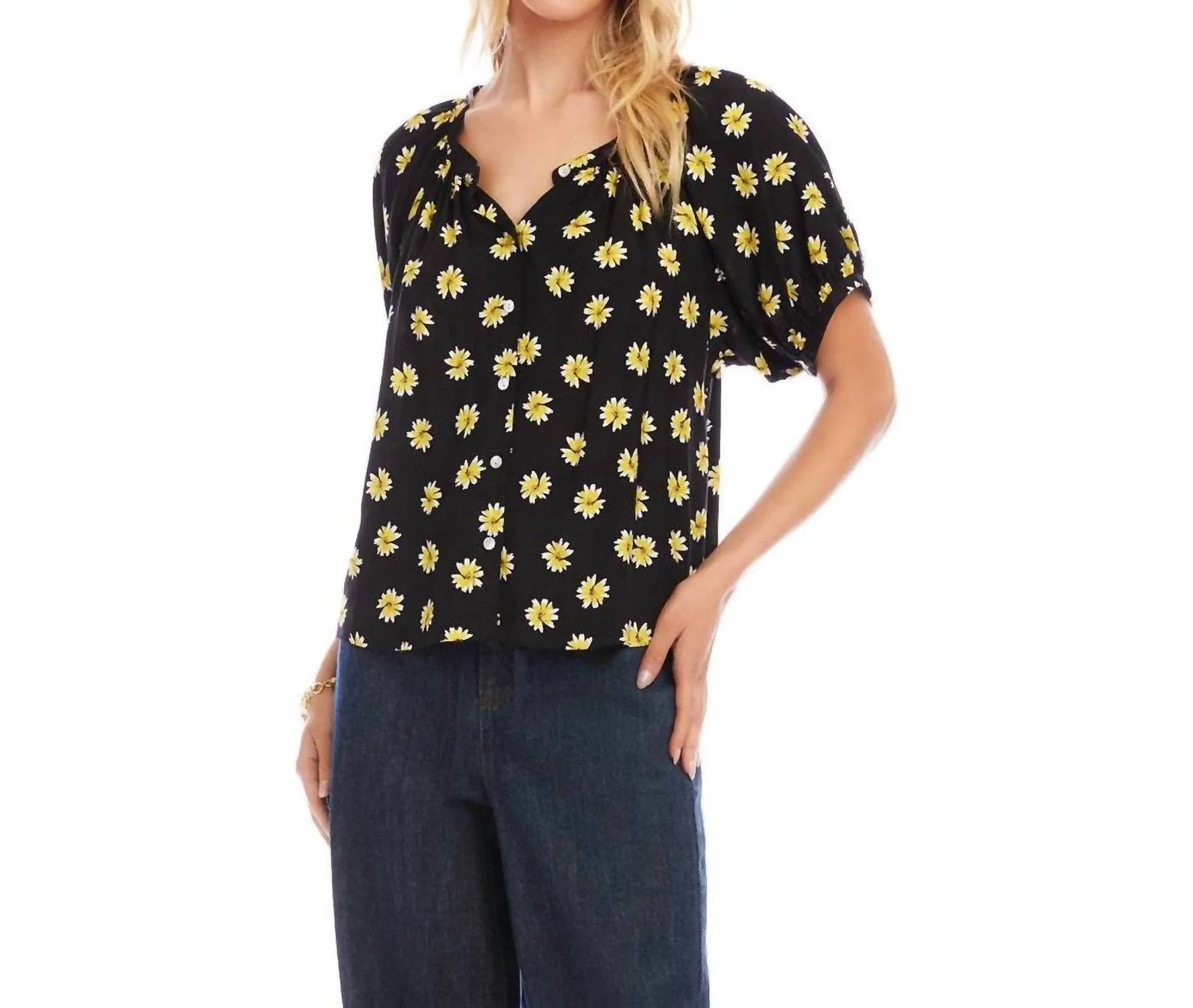 Puff Sleeve Peasant Top In Print - Image 2