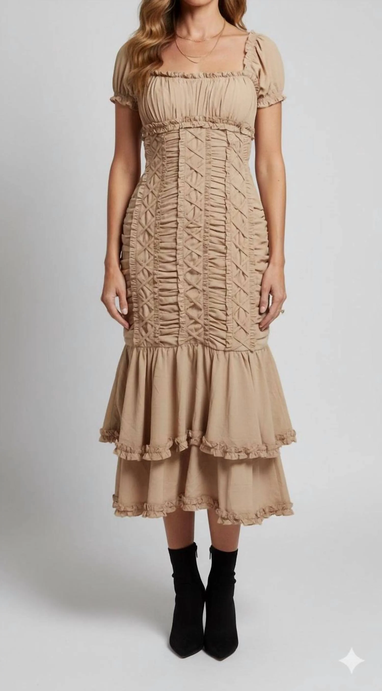 Puff Sleeve Ruffle Hem Midi Dress In Bisque