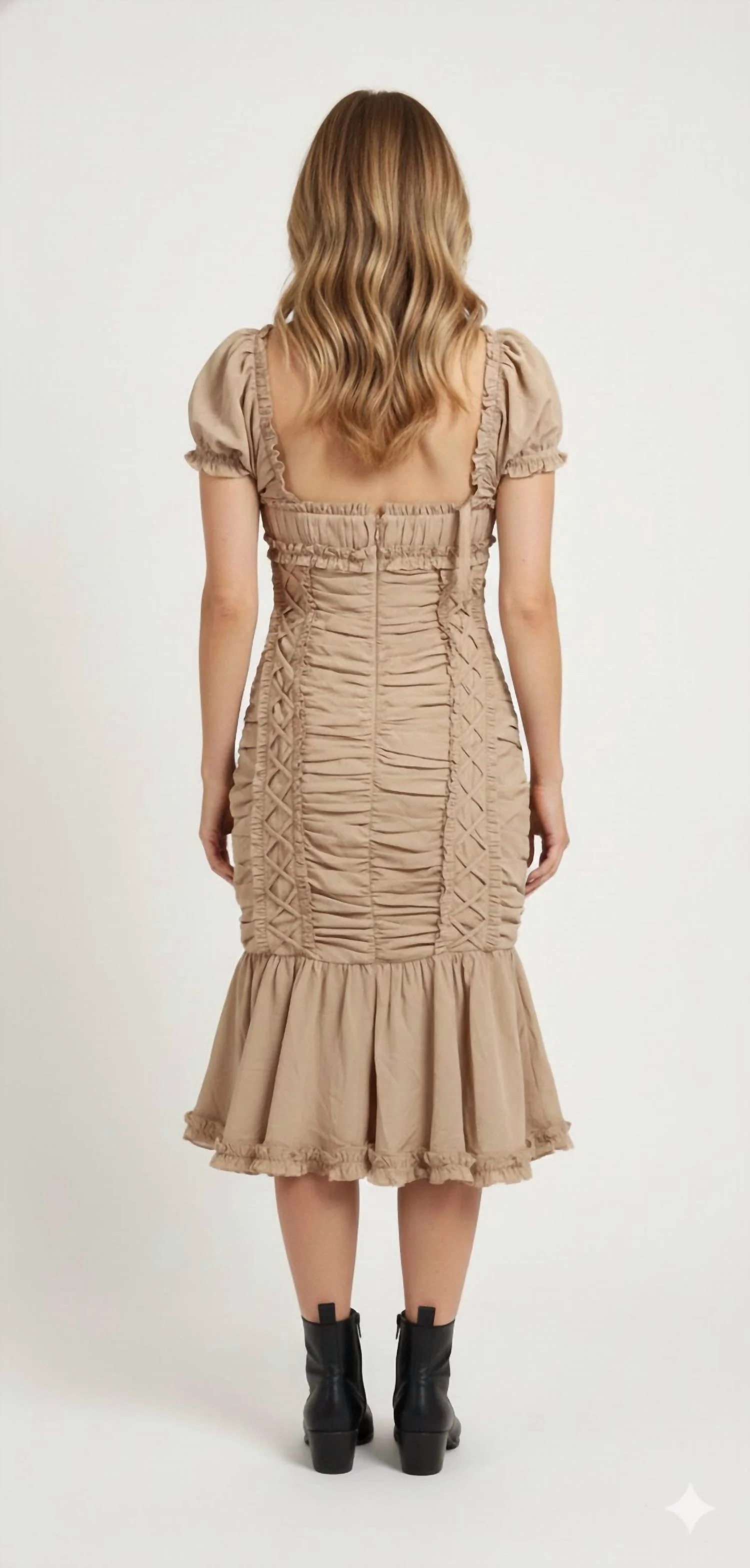Puff Sleeve Ruffle Hem Midi Dress In Bisque - Image 2