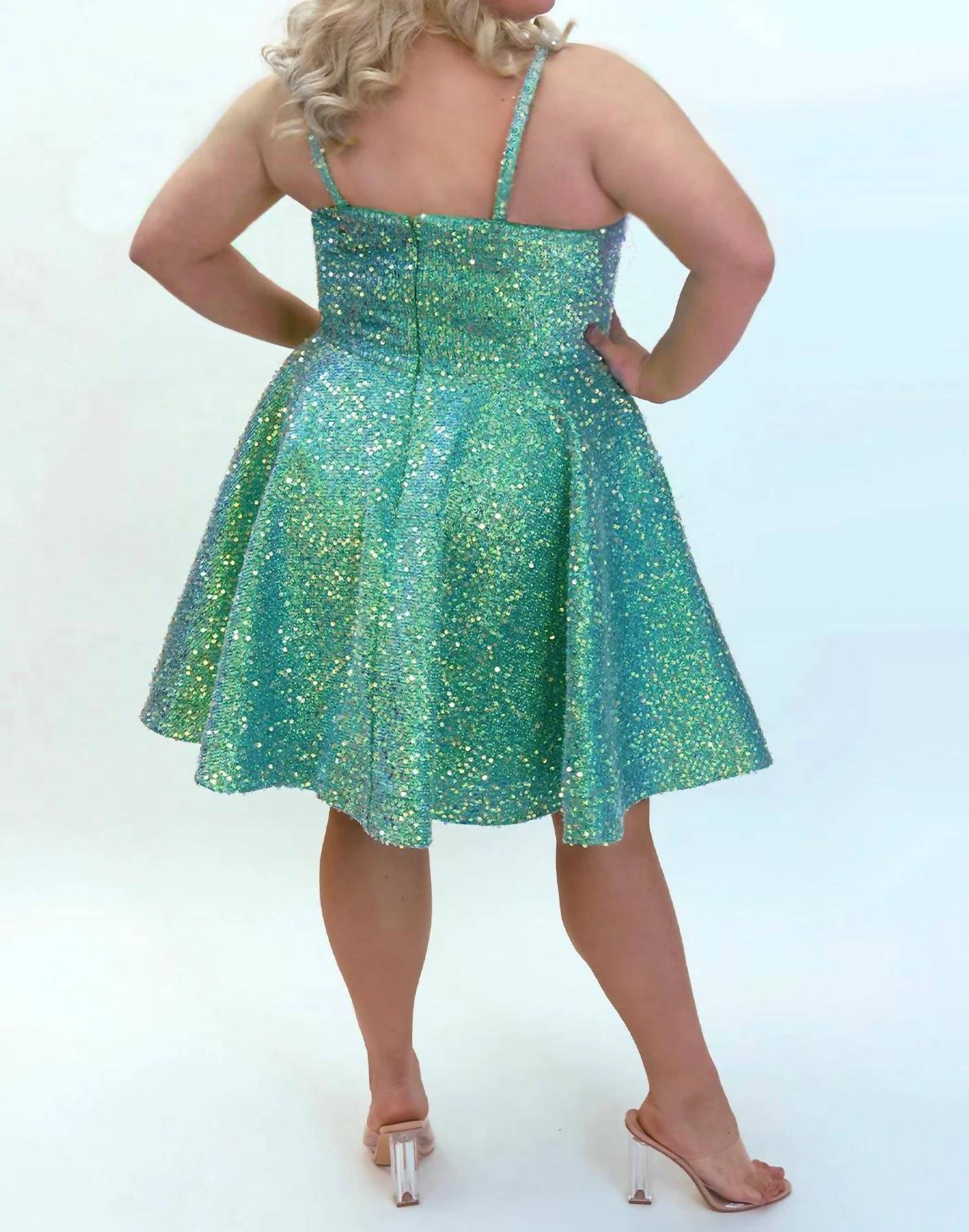 Quilted Sequin Prom Dress In Iridescent Green - Image 2