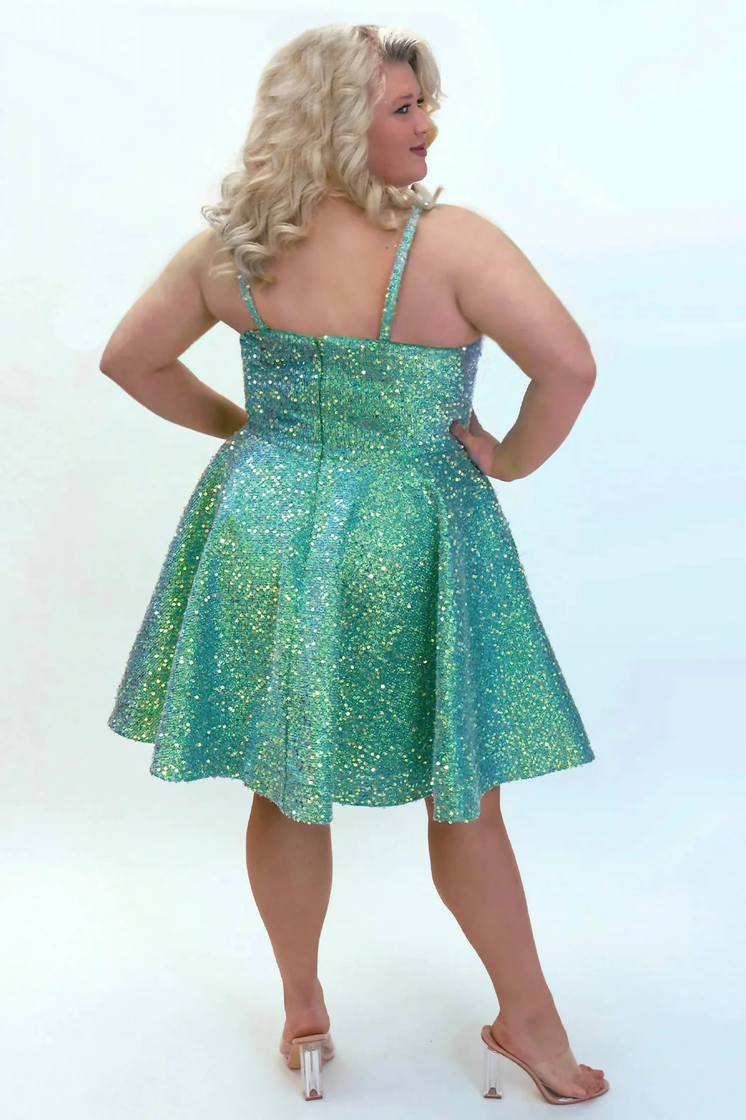 Quilted Sequin Prom Dress In Iridescent Green - Image 3