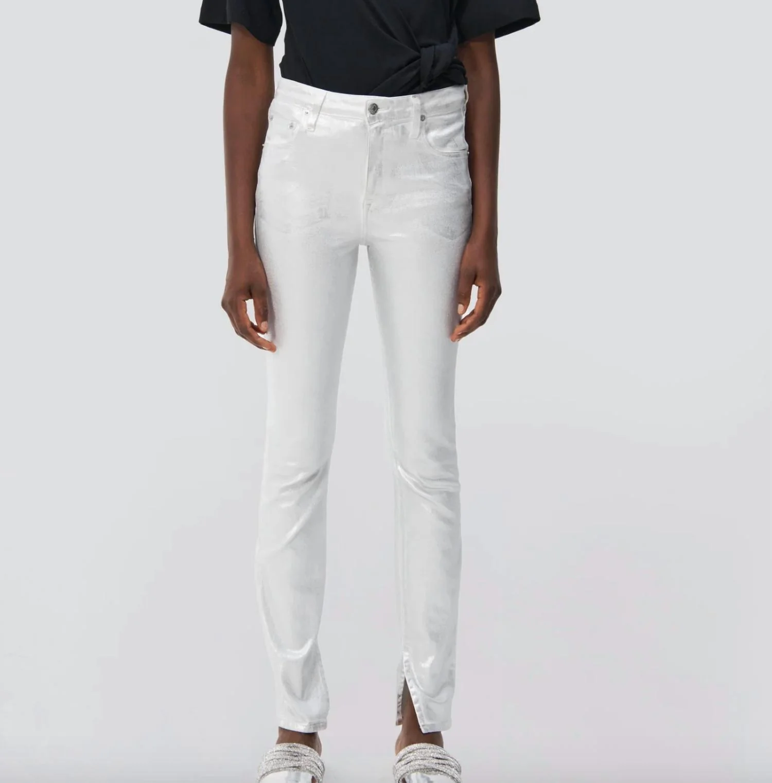 Rae High Rise Coated Jeans In Silver Foil