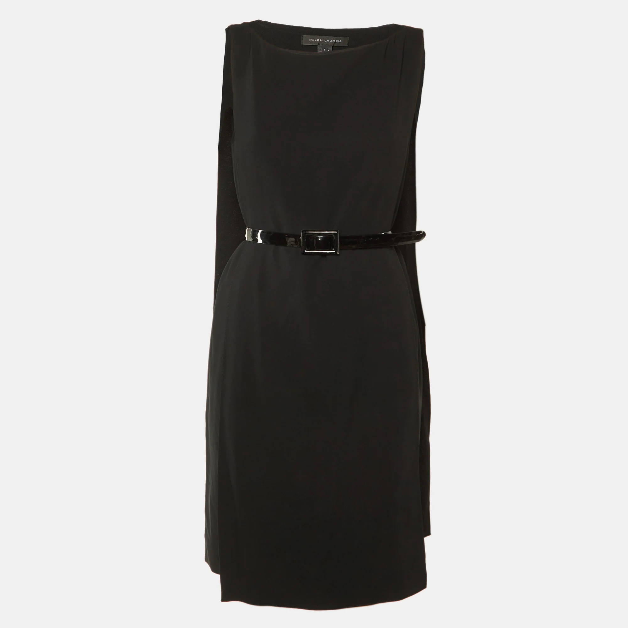 Ralph Lauren Black Crepe Cape Detail Belted Midi Dress