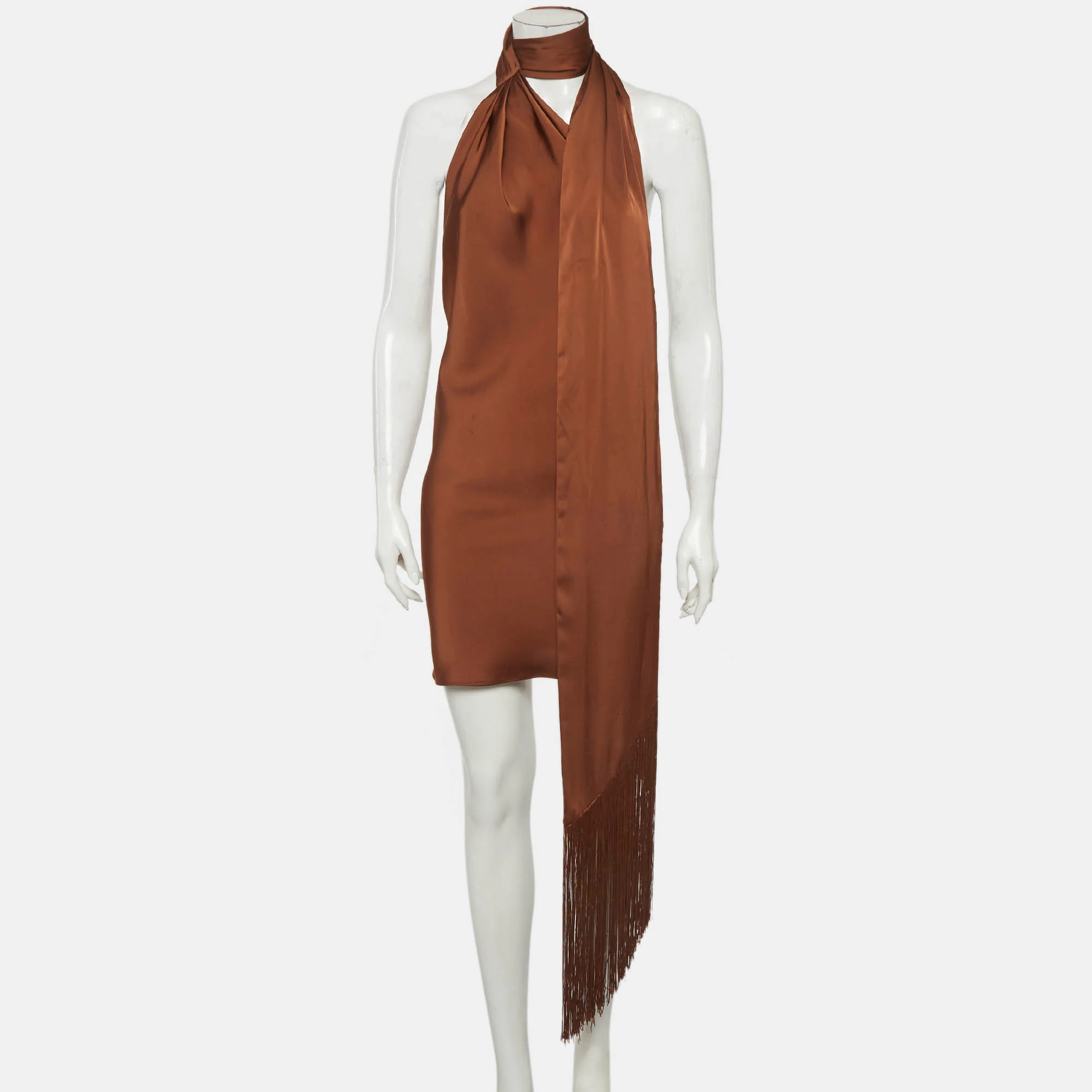 Rat & Bao Brown Satin Serafia Scarf Mini Dress - Image 2