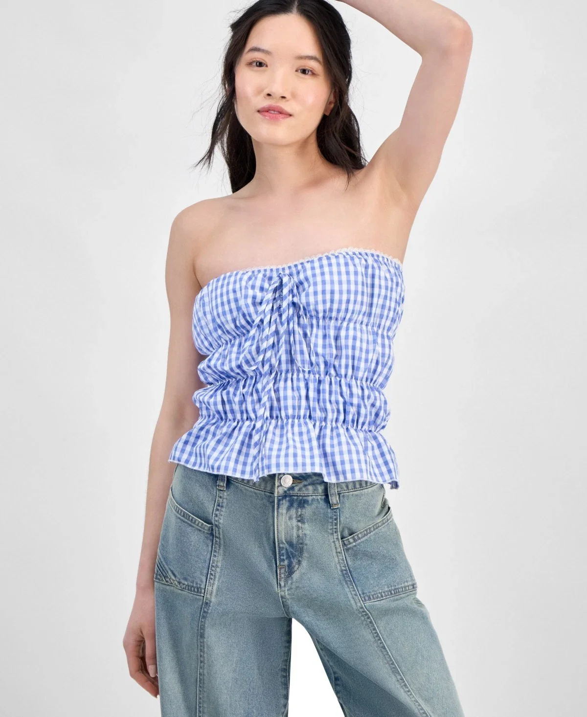 Rebellious One Top Women's Baby Blue Gingham Shirred Detail Strapless PAL152 - Image 3