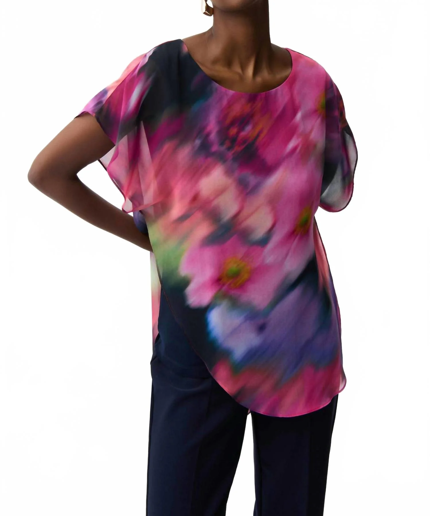 Recycled Chiffon Floral Print Top In Midnight Blue/multi