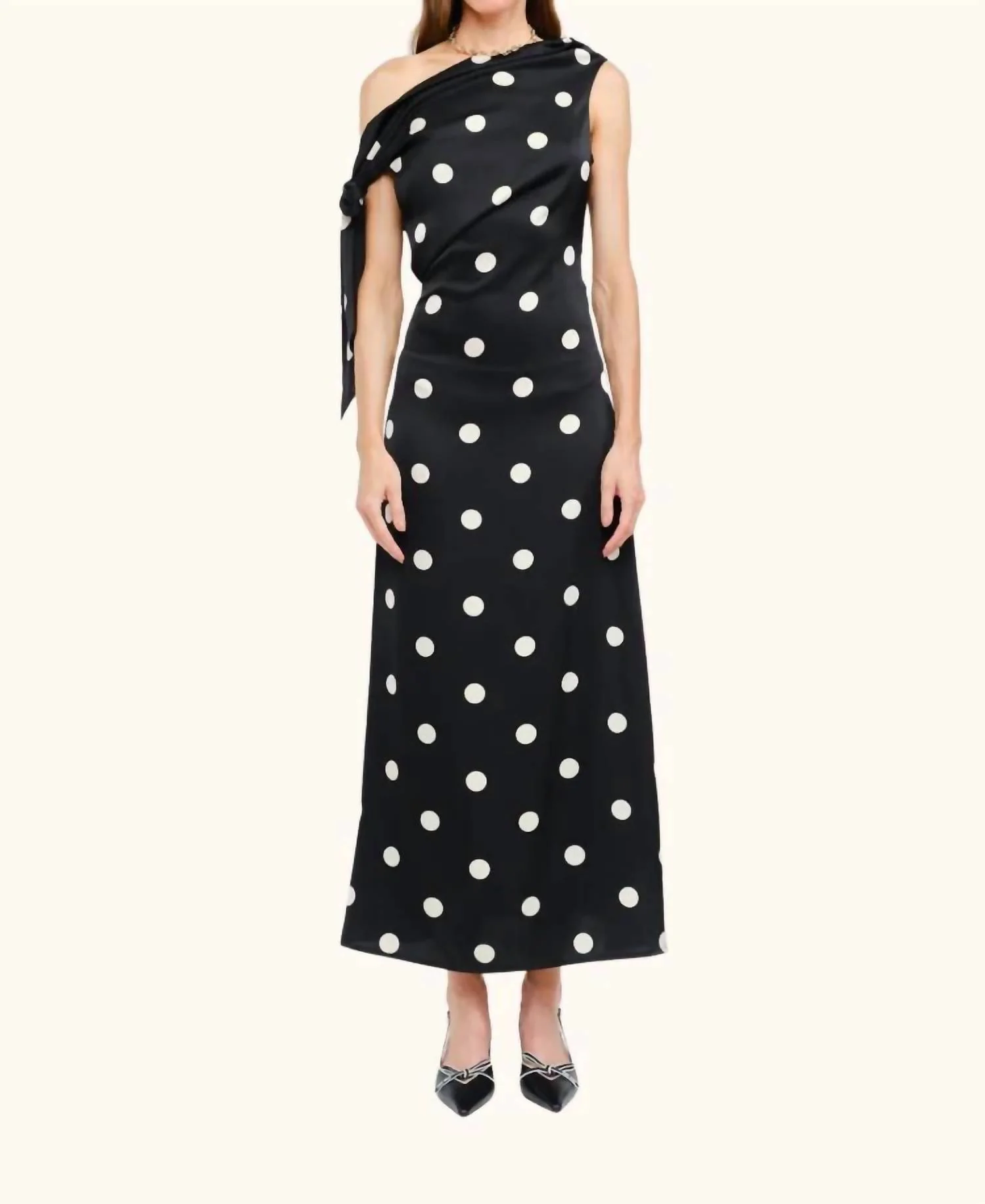 Remie Polka Dot Satin Bias Dress In Black