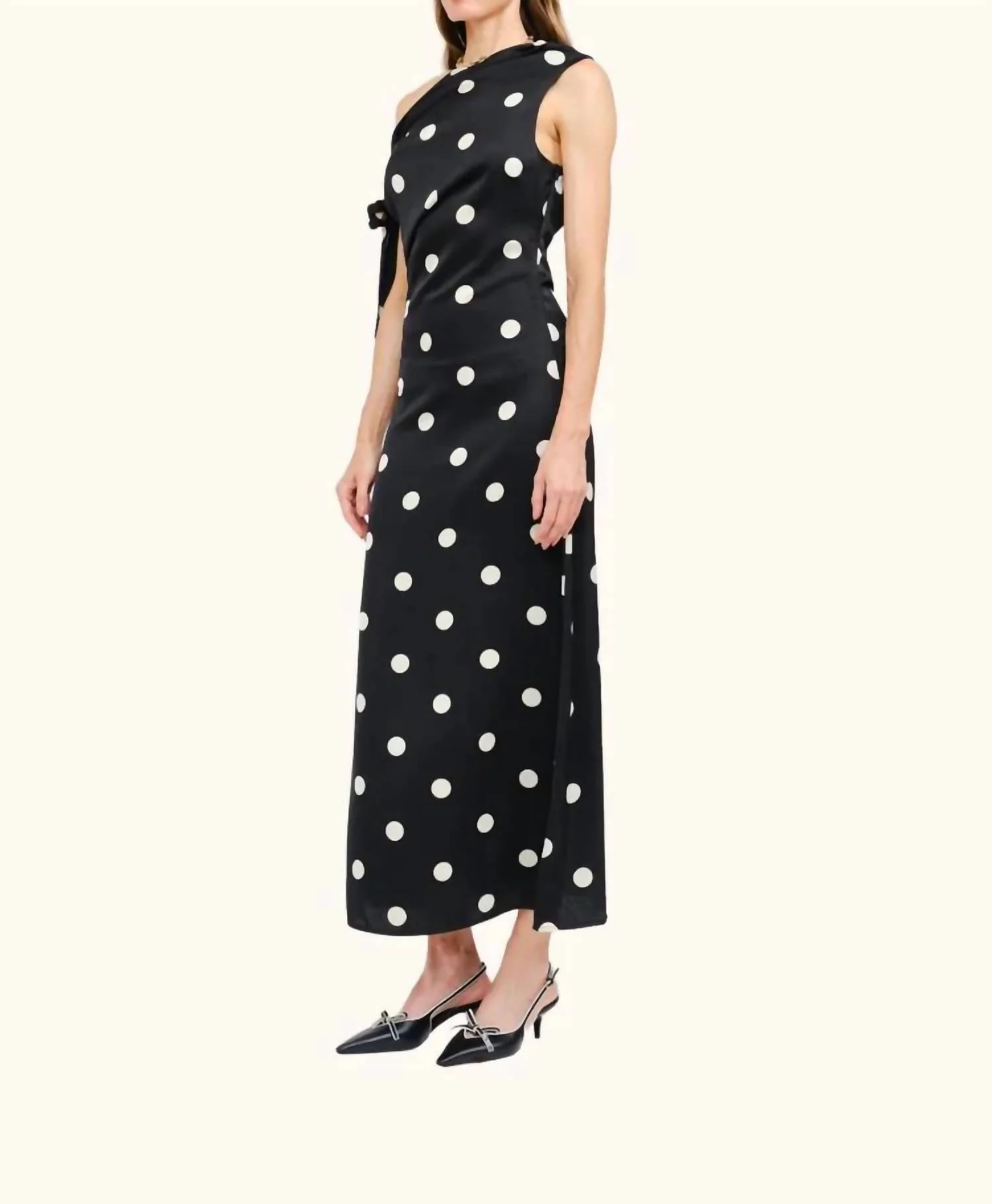 Remie Polka Dot Satin Bias Dress In Black - Image 2
