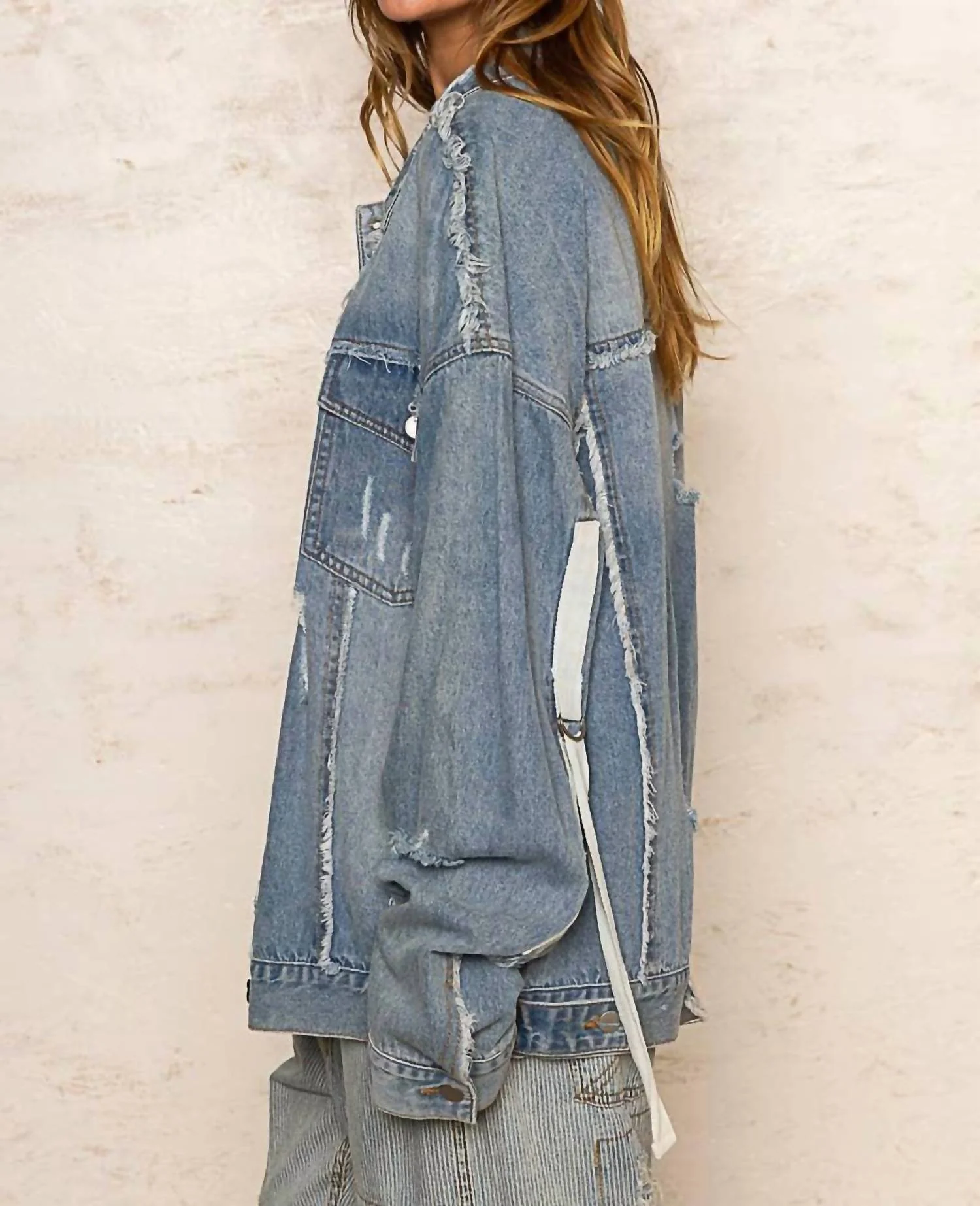 Remma Oversize Patch Detail Frayed Edge Jacket In Light Denim - Image 5