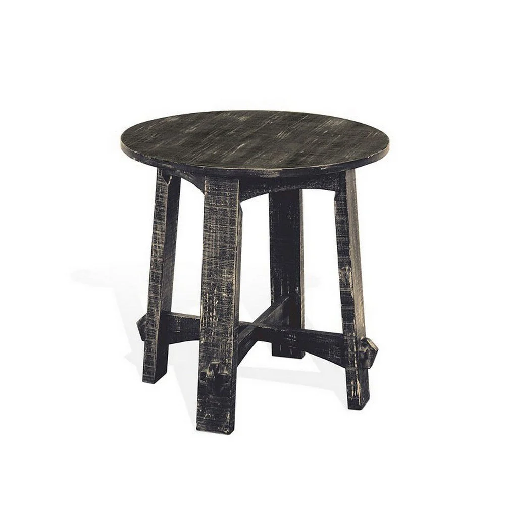 Rena Side End Table, X Legs, 24in Round, Distressed Rustic Black Wood - Image 2