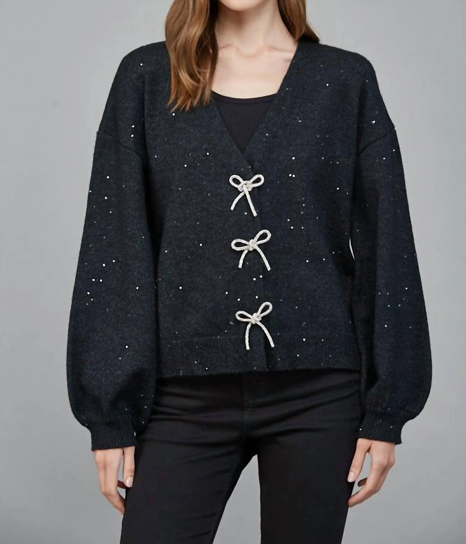 Rhinestone Bow Sequin Cardigan Sweater In Heather Black