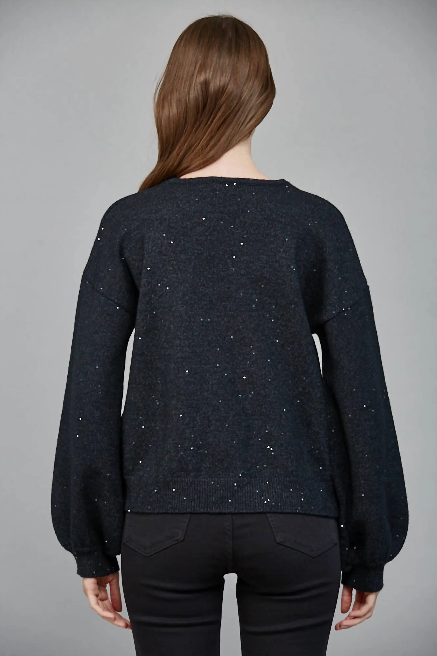 Rhinestone Bow Sequin Cardigan Sweater In Heather Black - Image 3