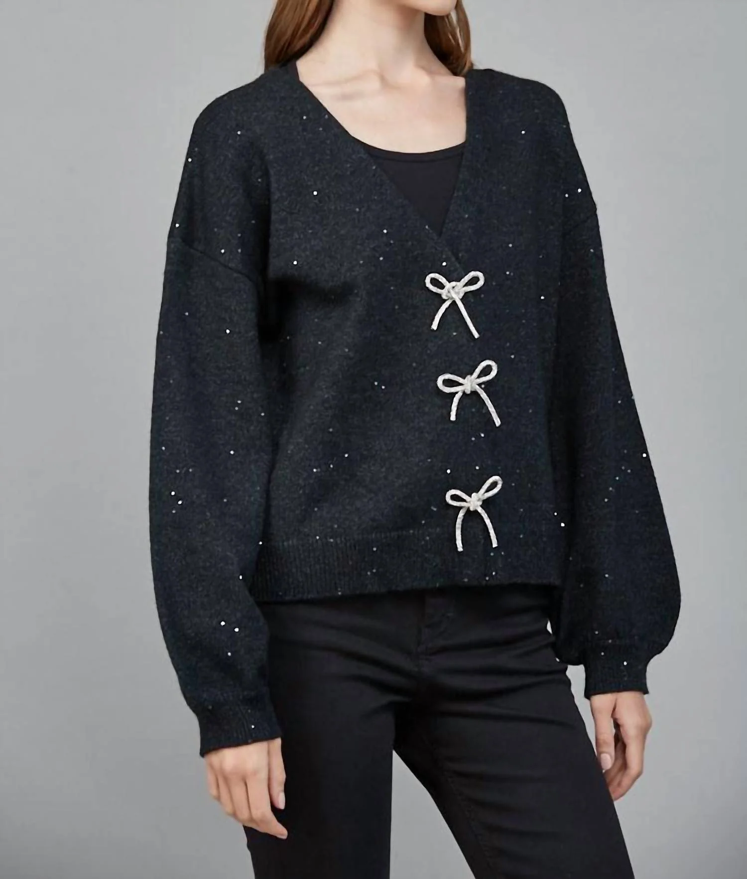 Rhinestone Bow Sequin Cardigan Sweater In Heather Black - Image 4