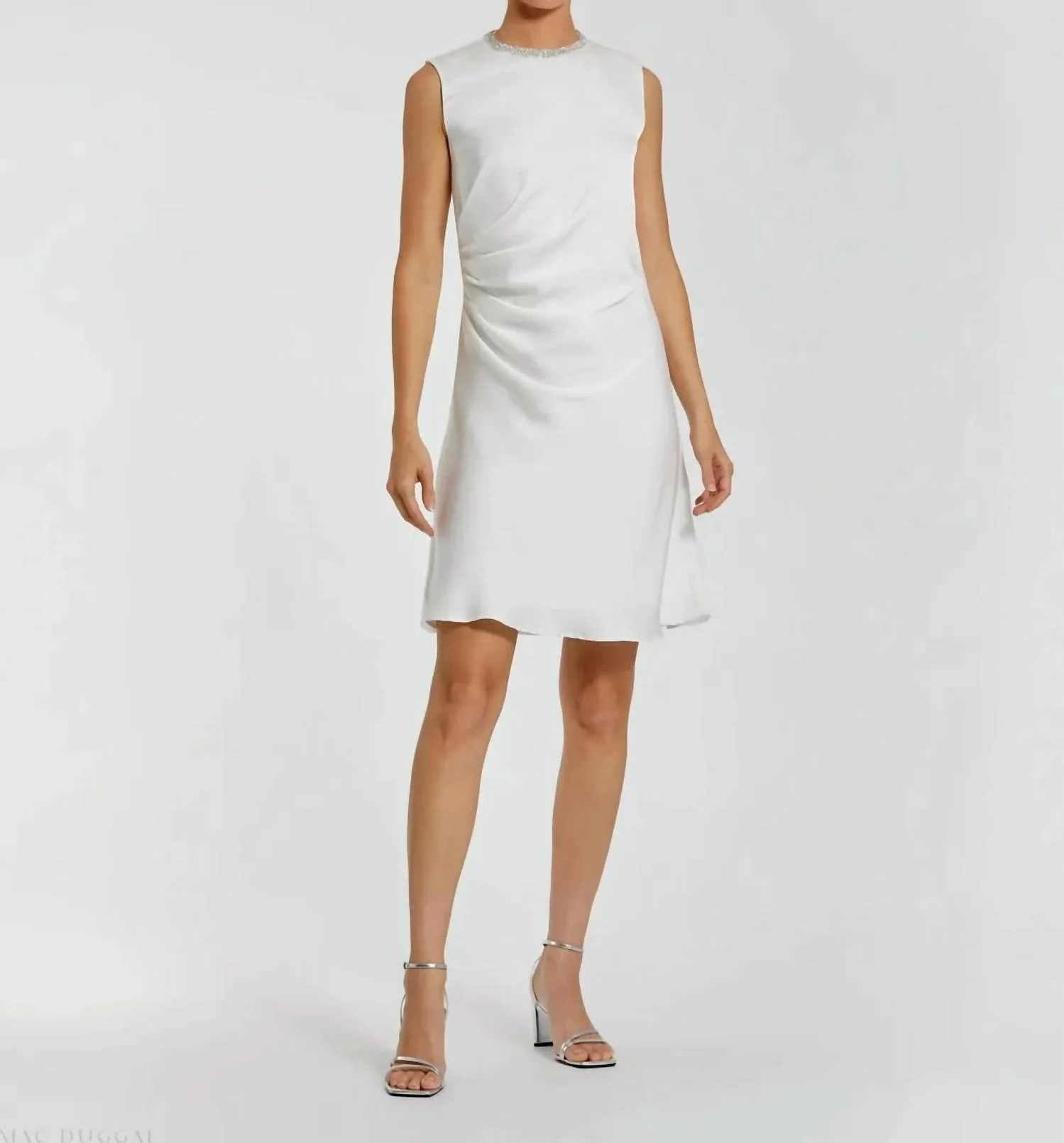 Rhinestone Neckline Draped Mini Dress In White