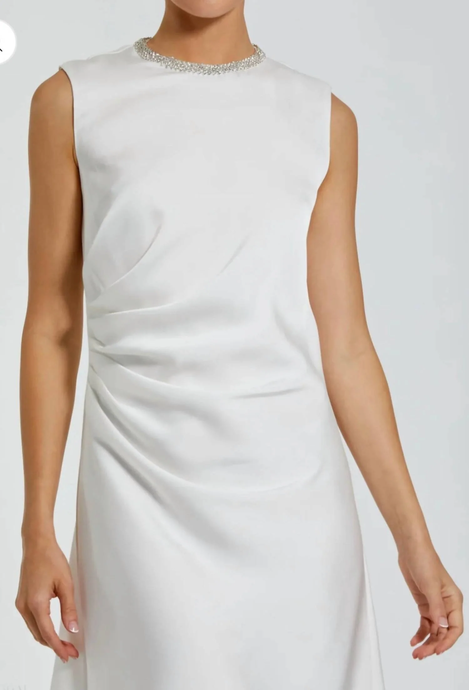 Rhinestone Neckline Draped Mini Dress In White - Image 3