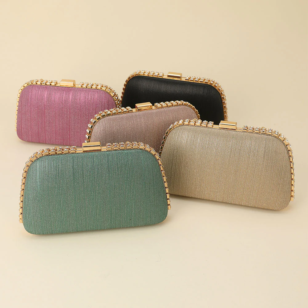 Rhinestone Trim Around Sparkle Crossbody Evening Clutch Bag - Image 3